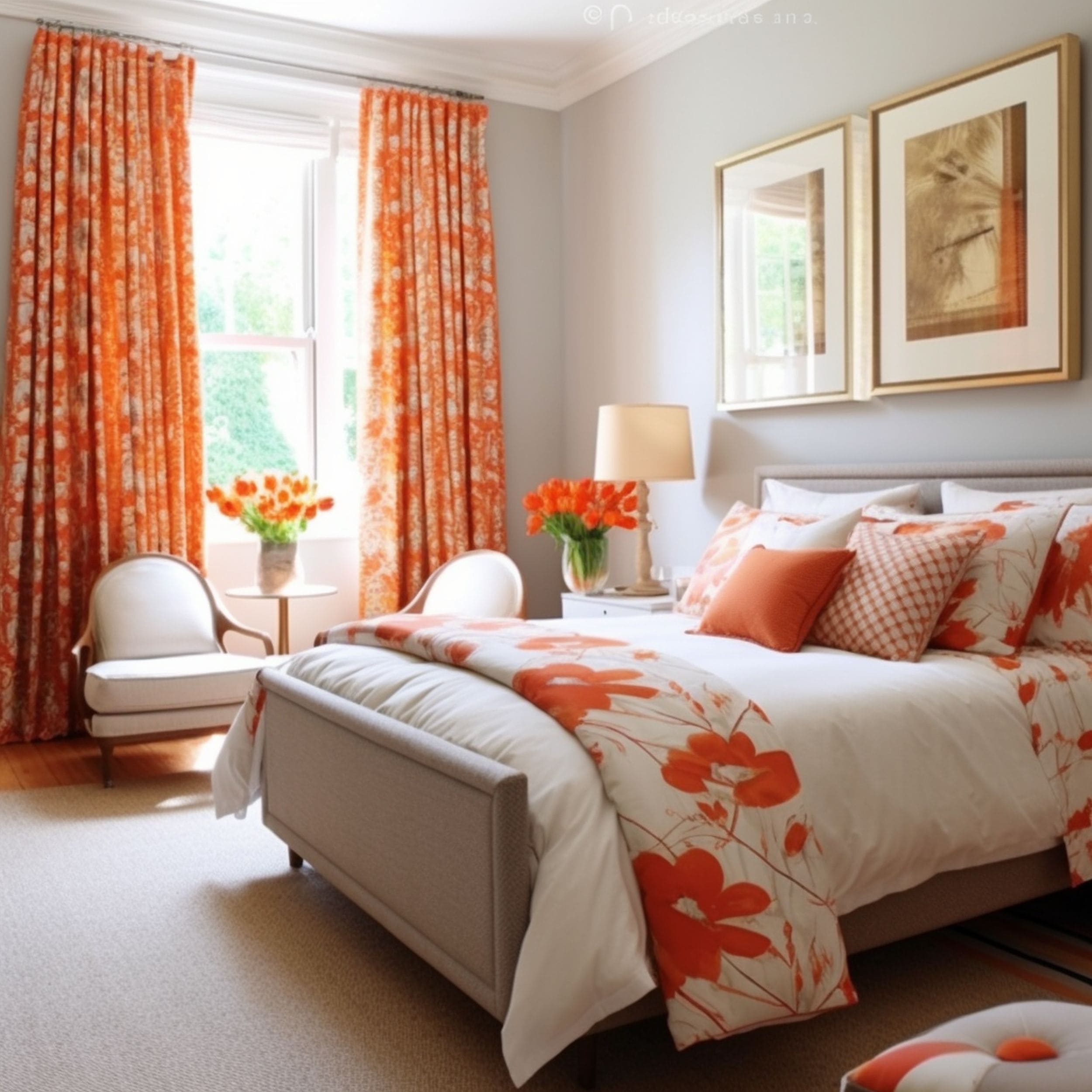 Gray Bedroom Featuring Orange Floral Curtains