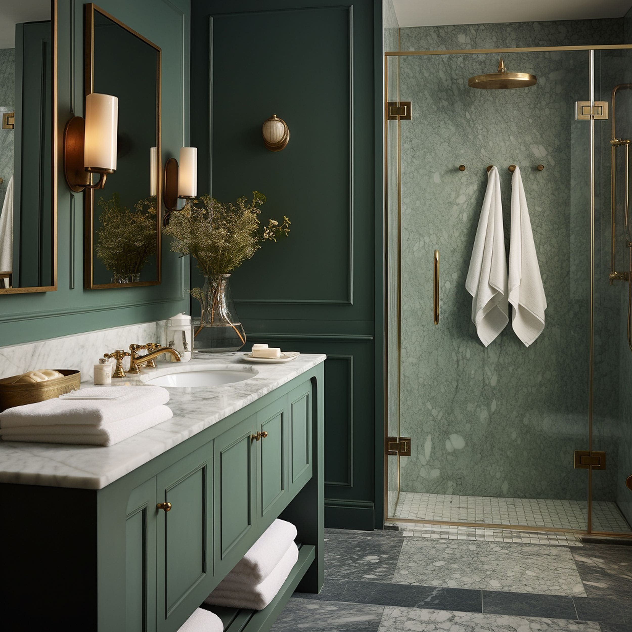 Green Marble Shower Area in a Green Bathroom