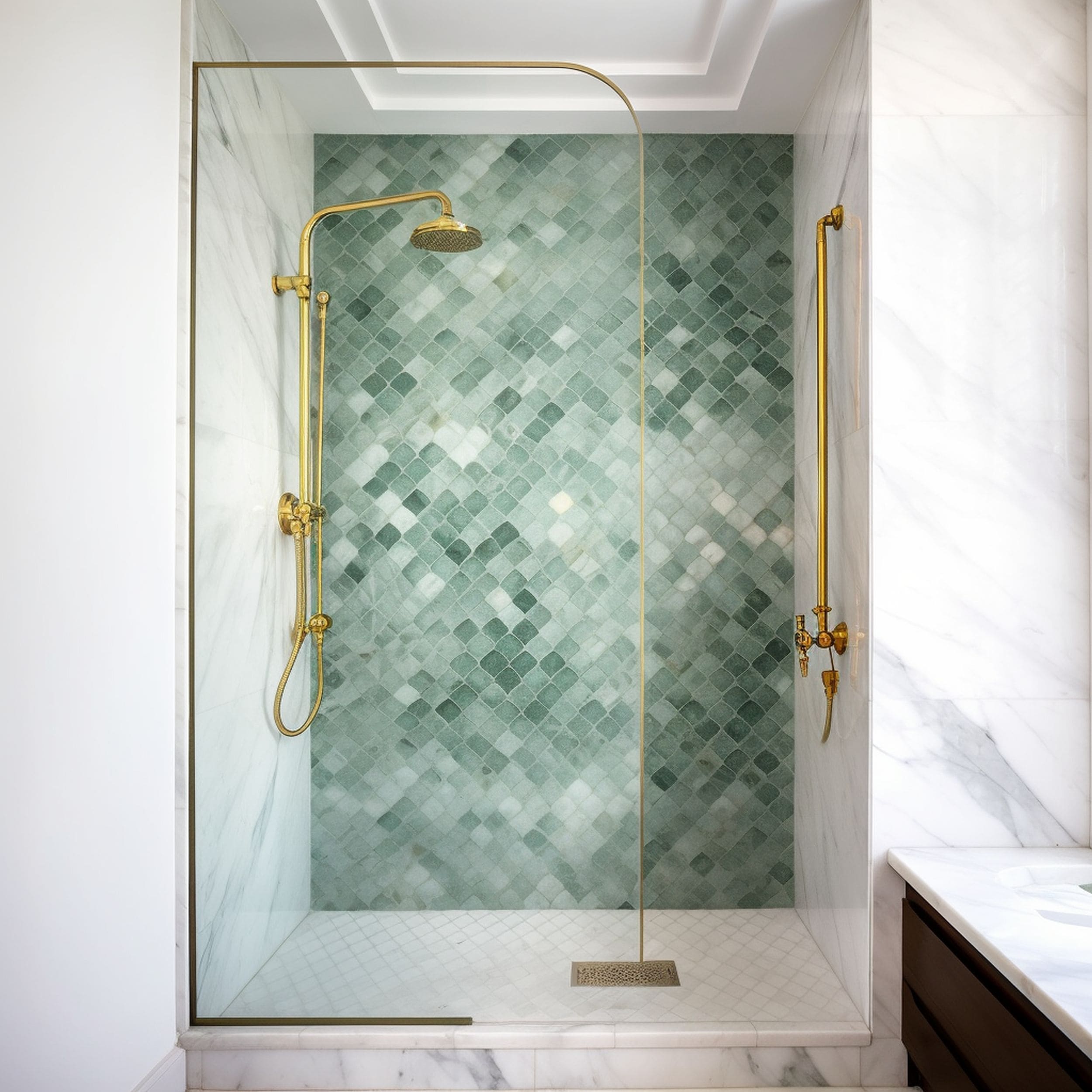 Patterned Green Marble Wall Alongside White Marble Walls