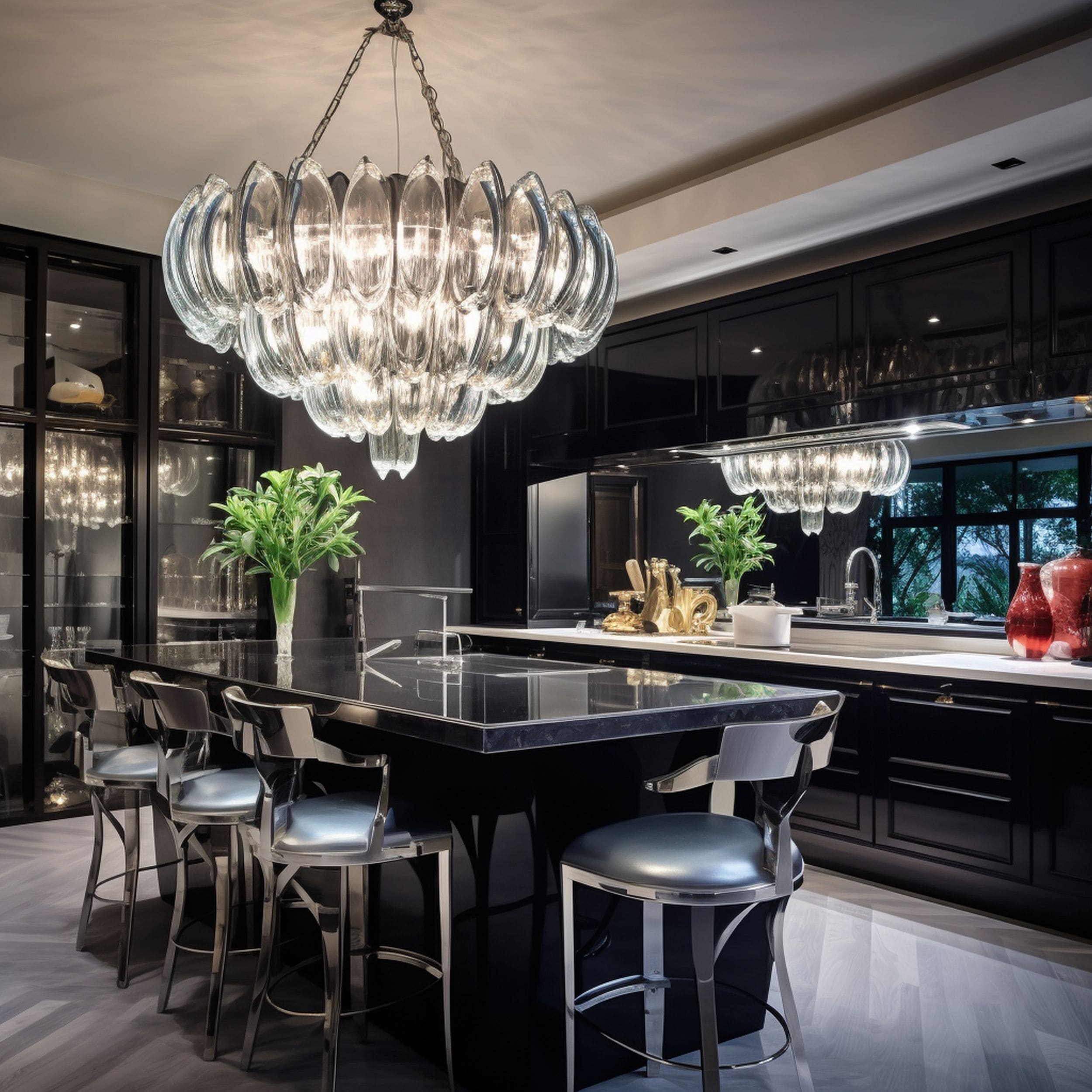 Art Deco Style Glossy Kitchen With Crystal Chandelier