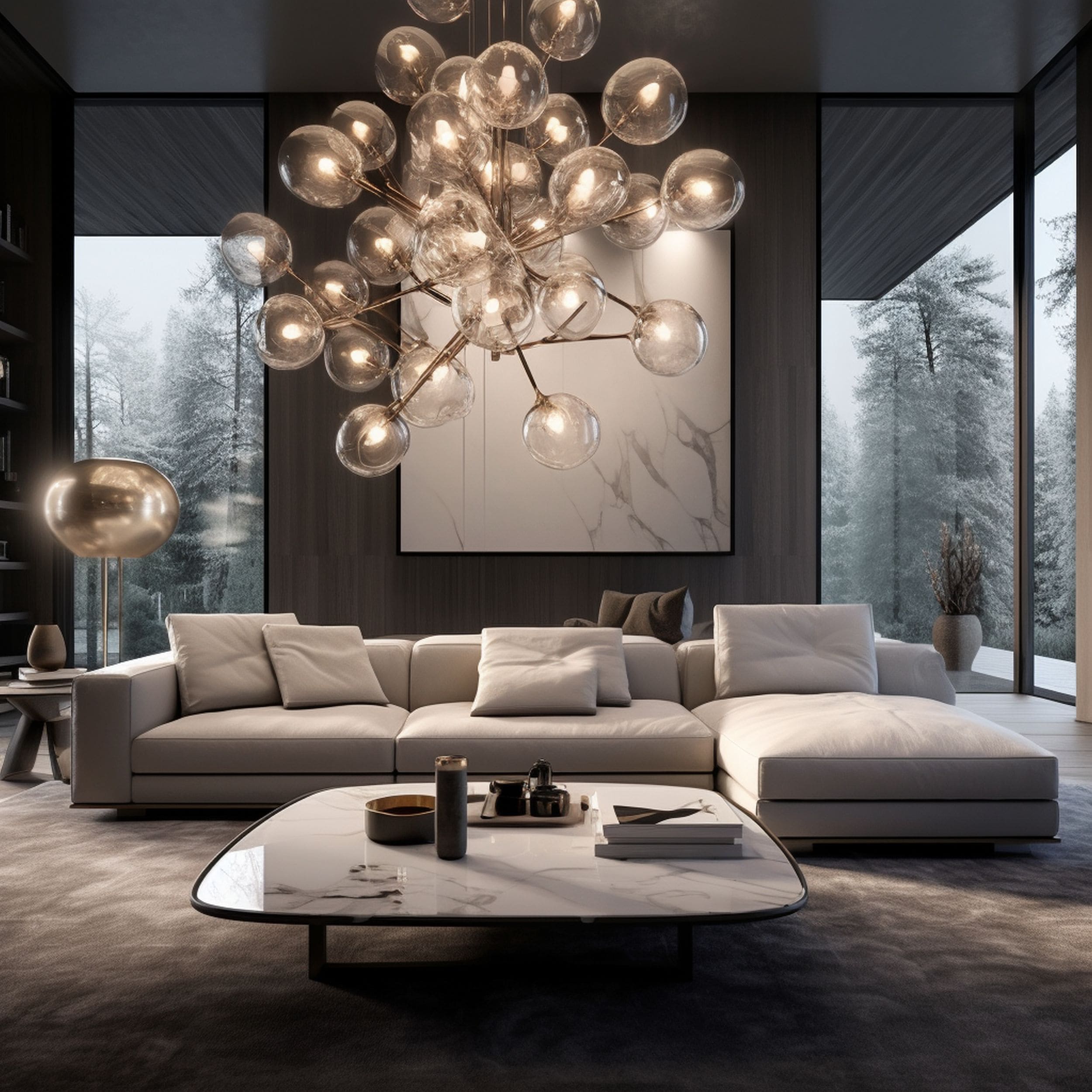 Cozy Living Room With Modern Light Fixture