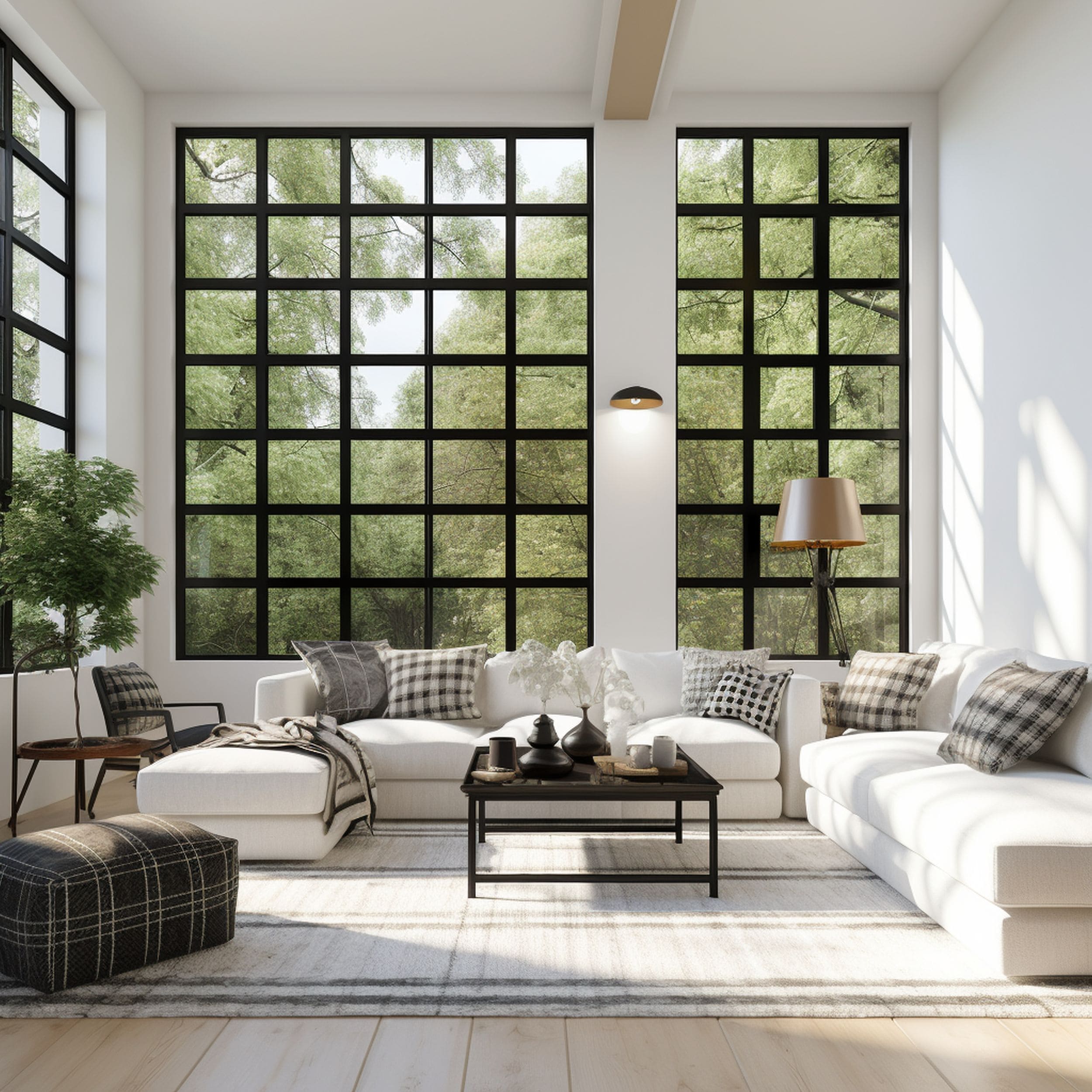 Black Frame Windows in White Living Room