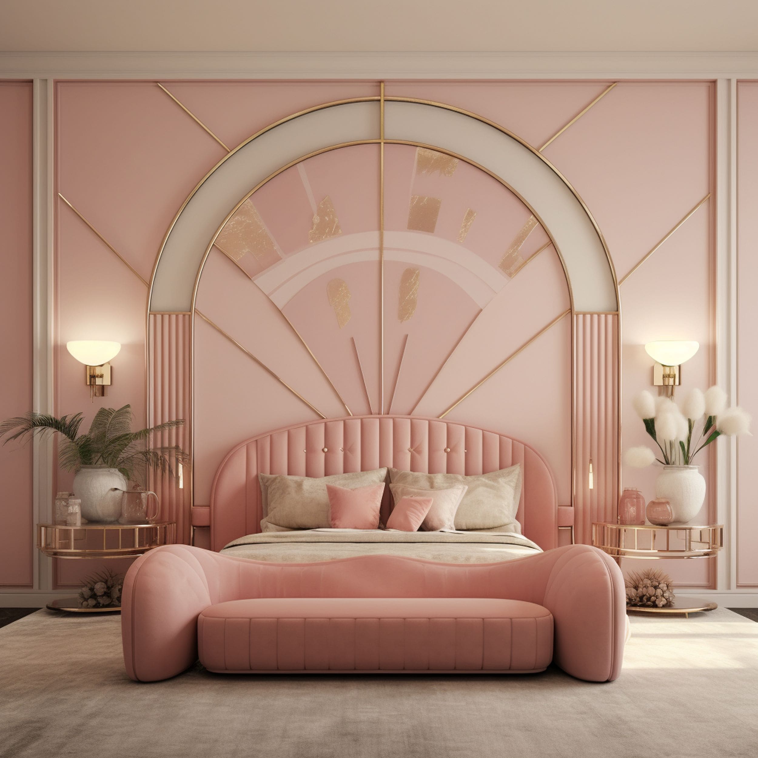 Pink Arched Headboard in Art Deco Style