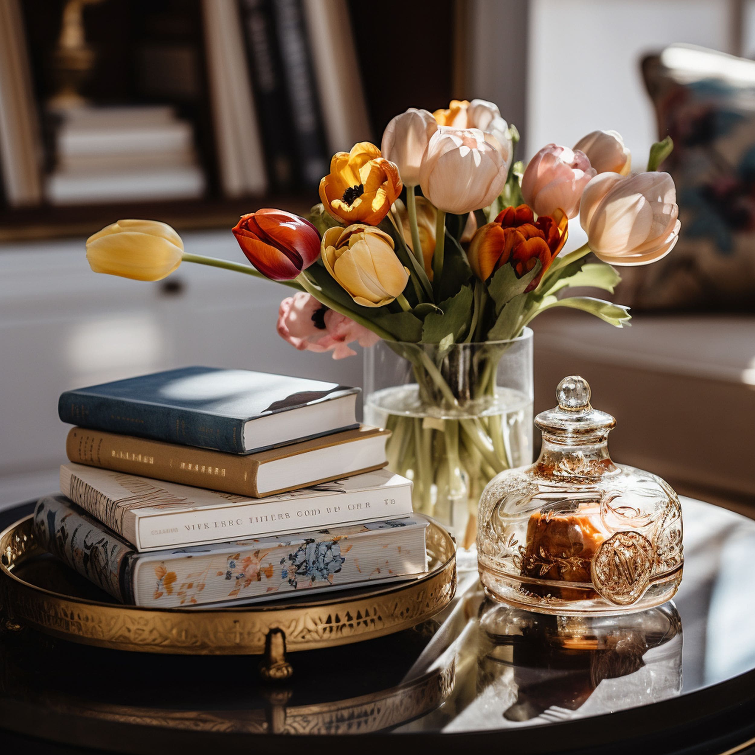 Coffee Table With Flowers and Books