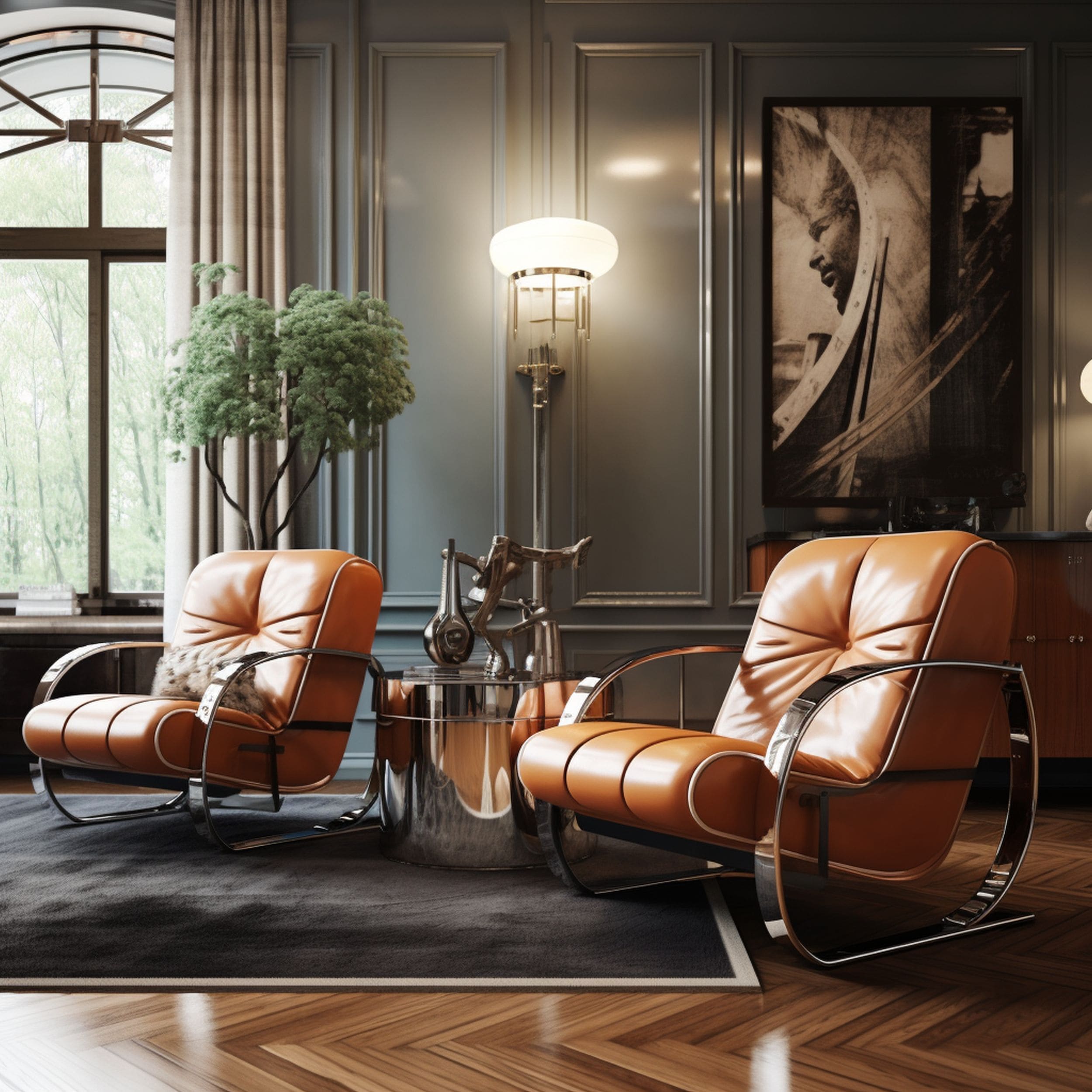 Art Deco Style Living Room With Leather Chairs