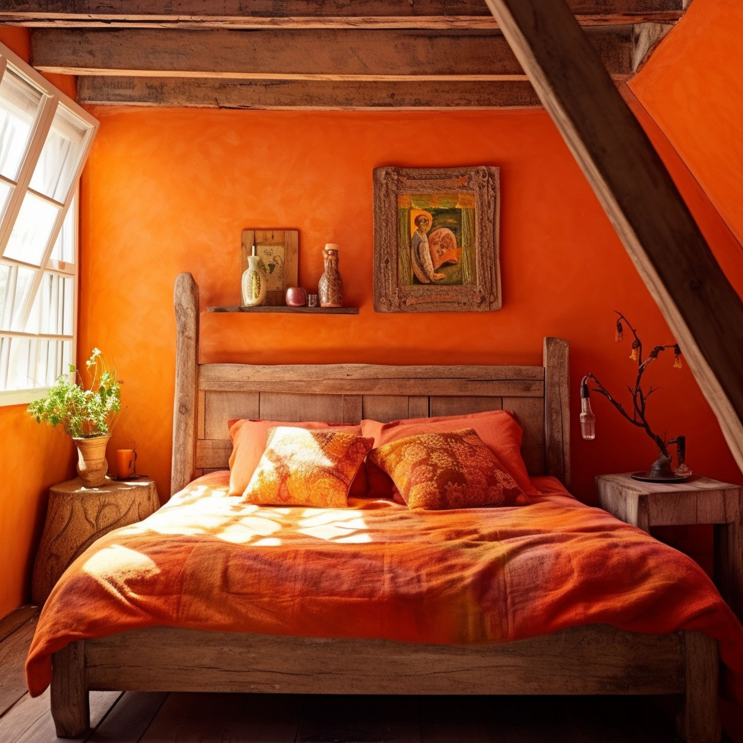 Rustic Orange Bedroom With Wood Ceiling Beams
