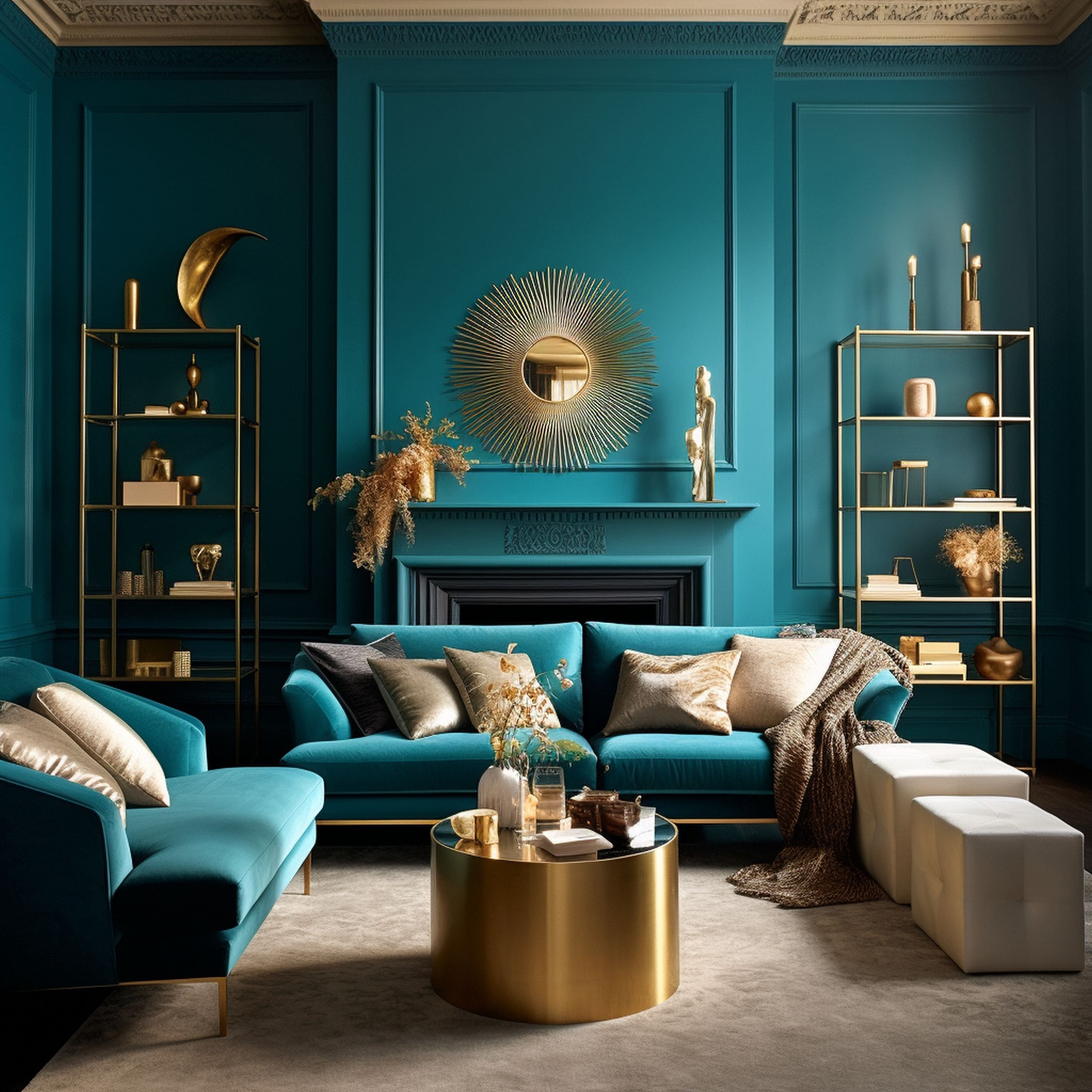 Teal Living Room With Gold Accents