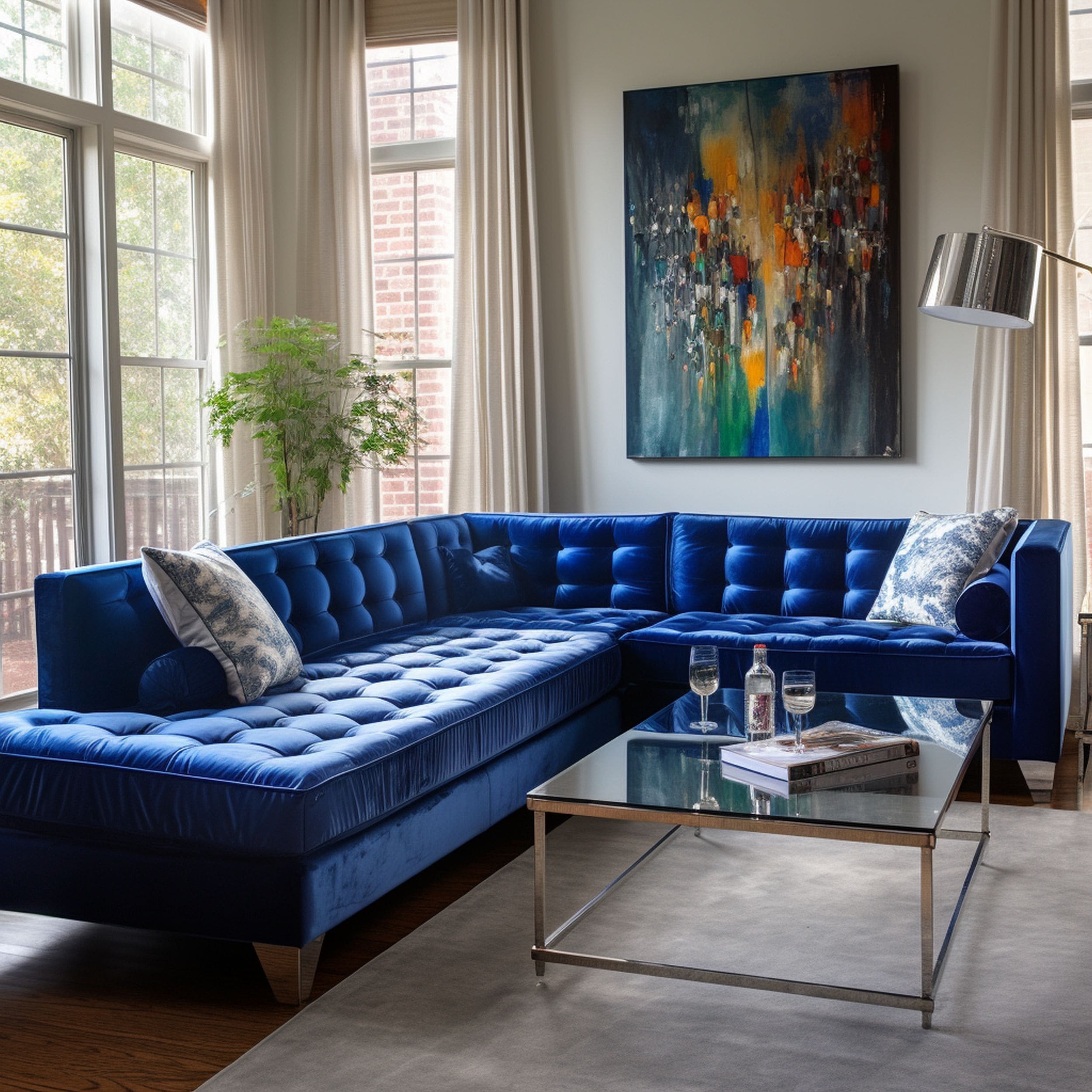 Velvet Blue Sectional Sofa in Living Room