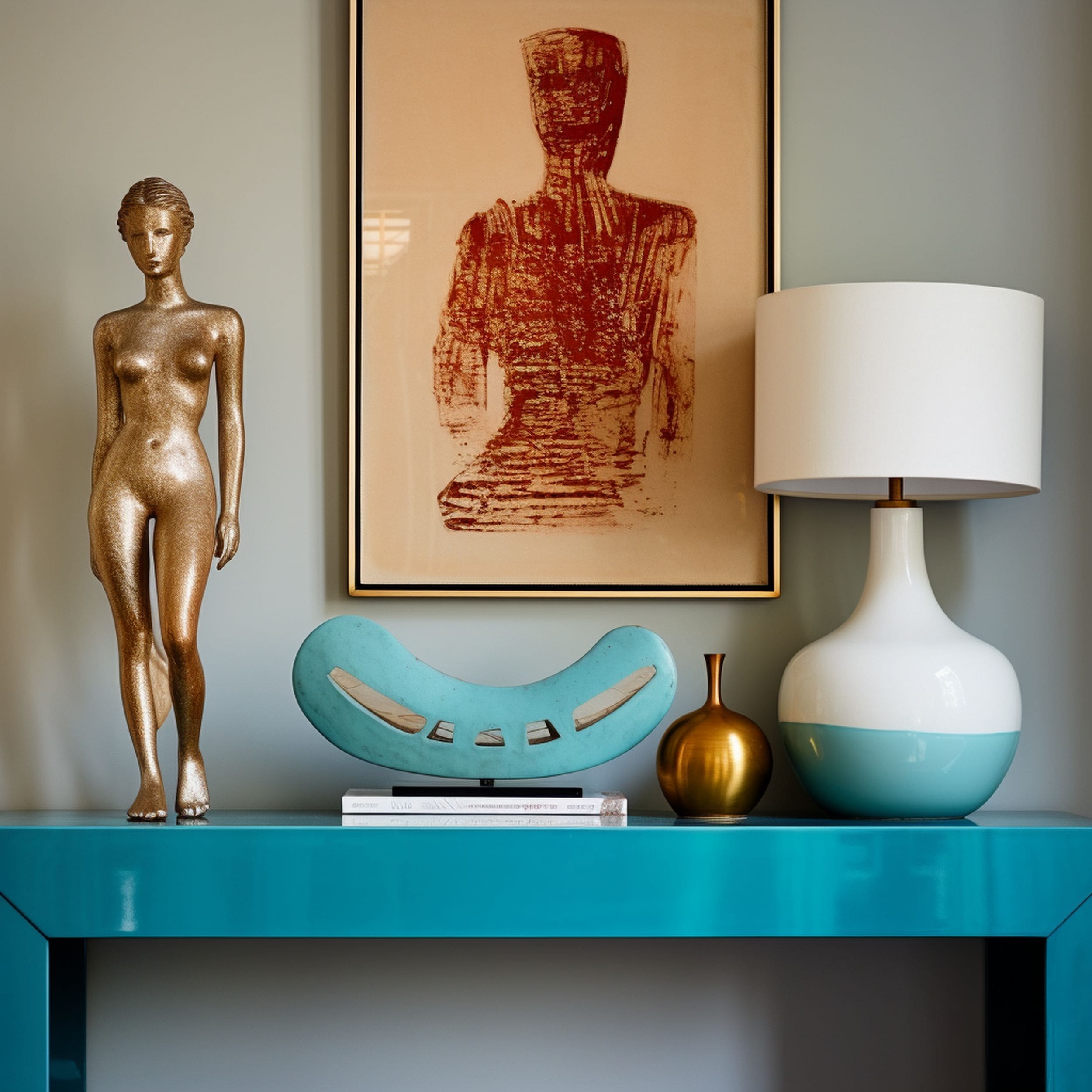 Turquoise Console Table With Decorations