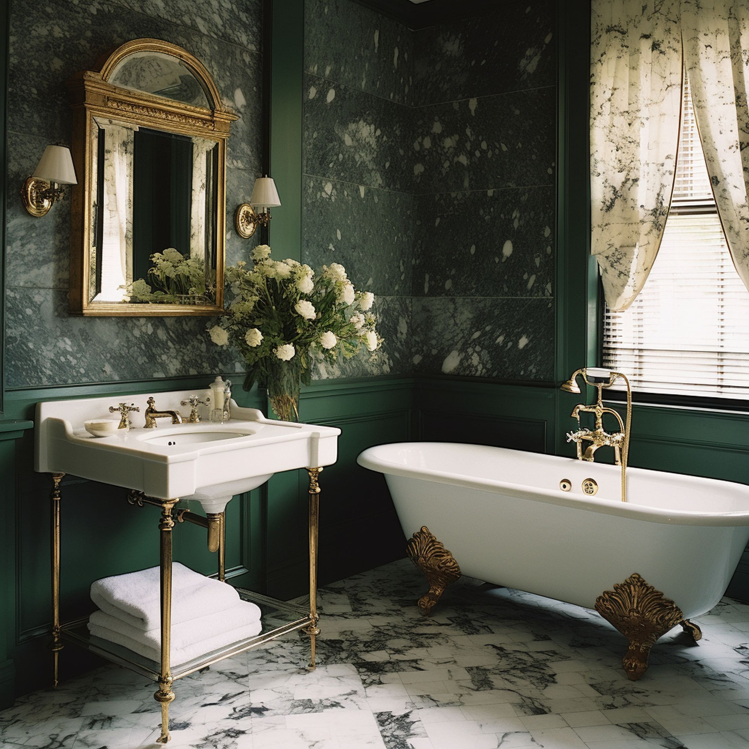 Green Marble Wall in Vintage Bathroom