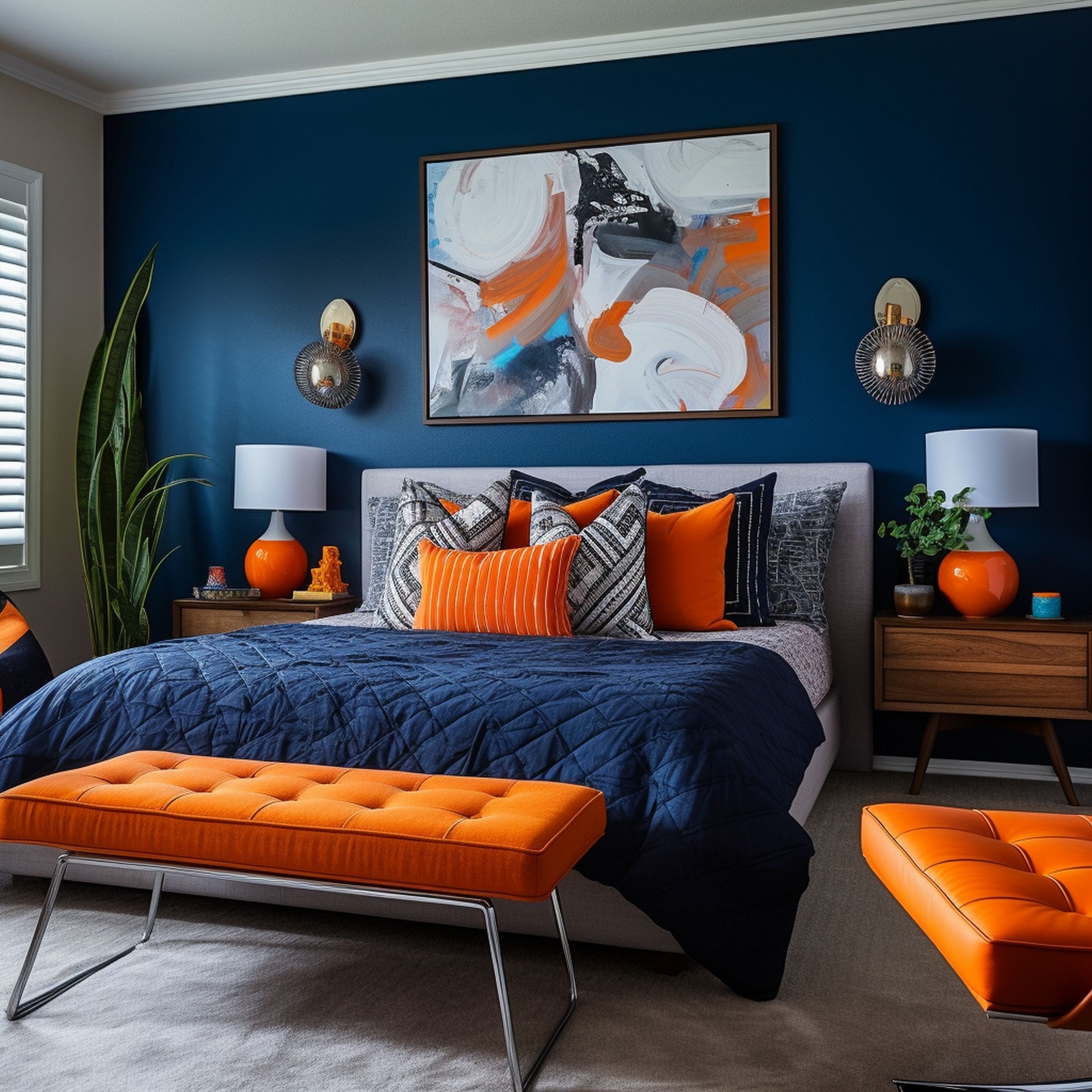 Navy Blue and Orange Bedroom