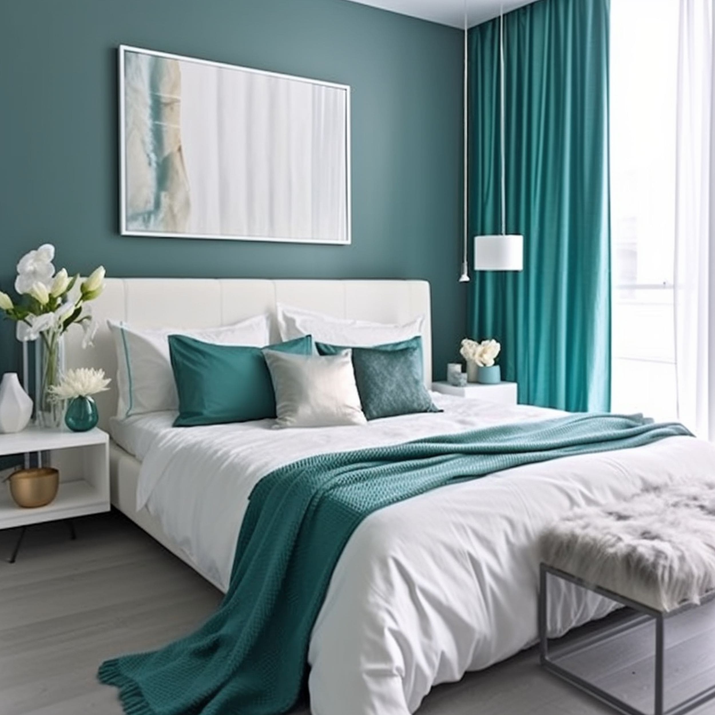 Teal and White Bedroom