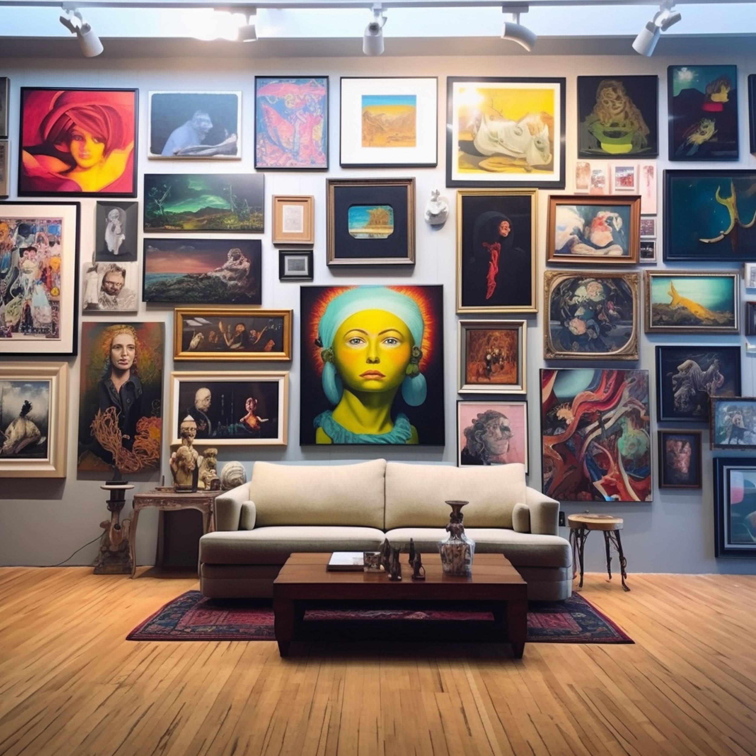 Art Deco Style Gallery Wall With Colorful Artworks