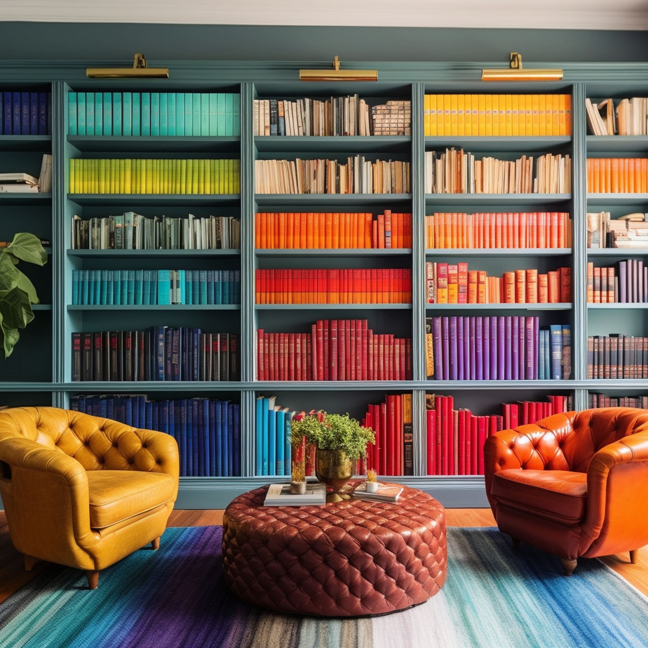 Bookshelves Arranged by Color in Rainbow Style