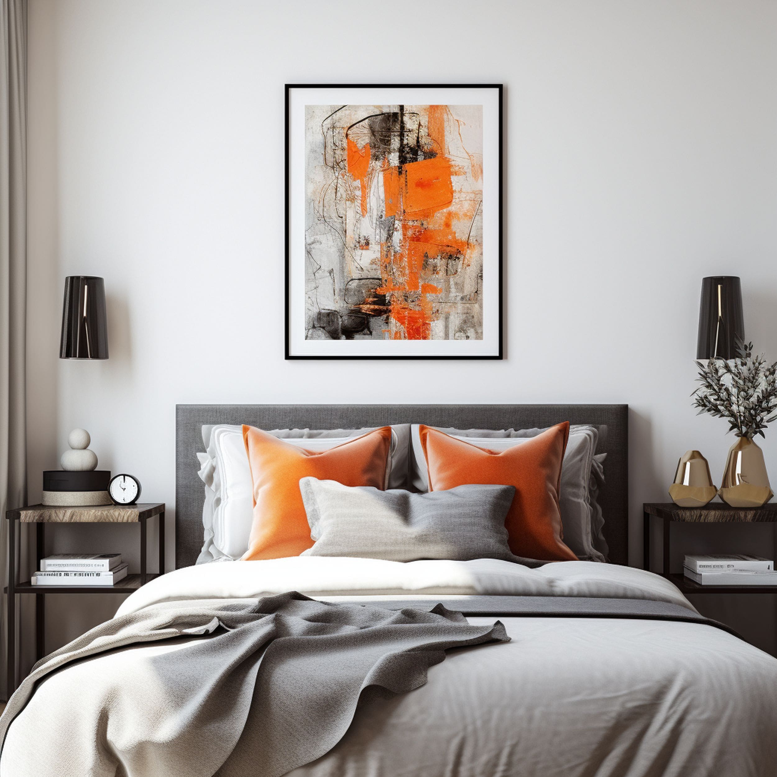 Gray Bedroom With Subtle Orange Accents