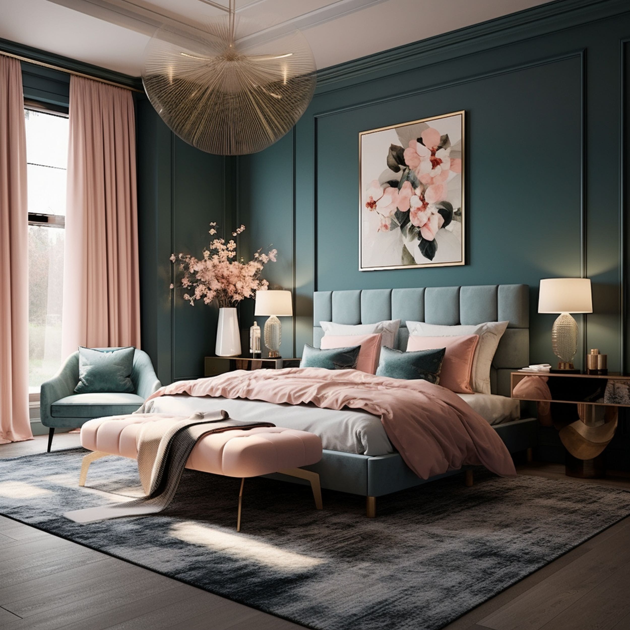 Teal and Blush Pink Bedroom