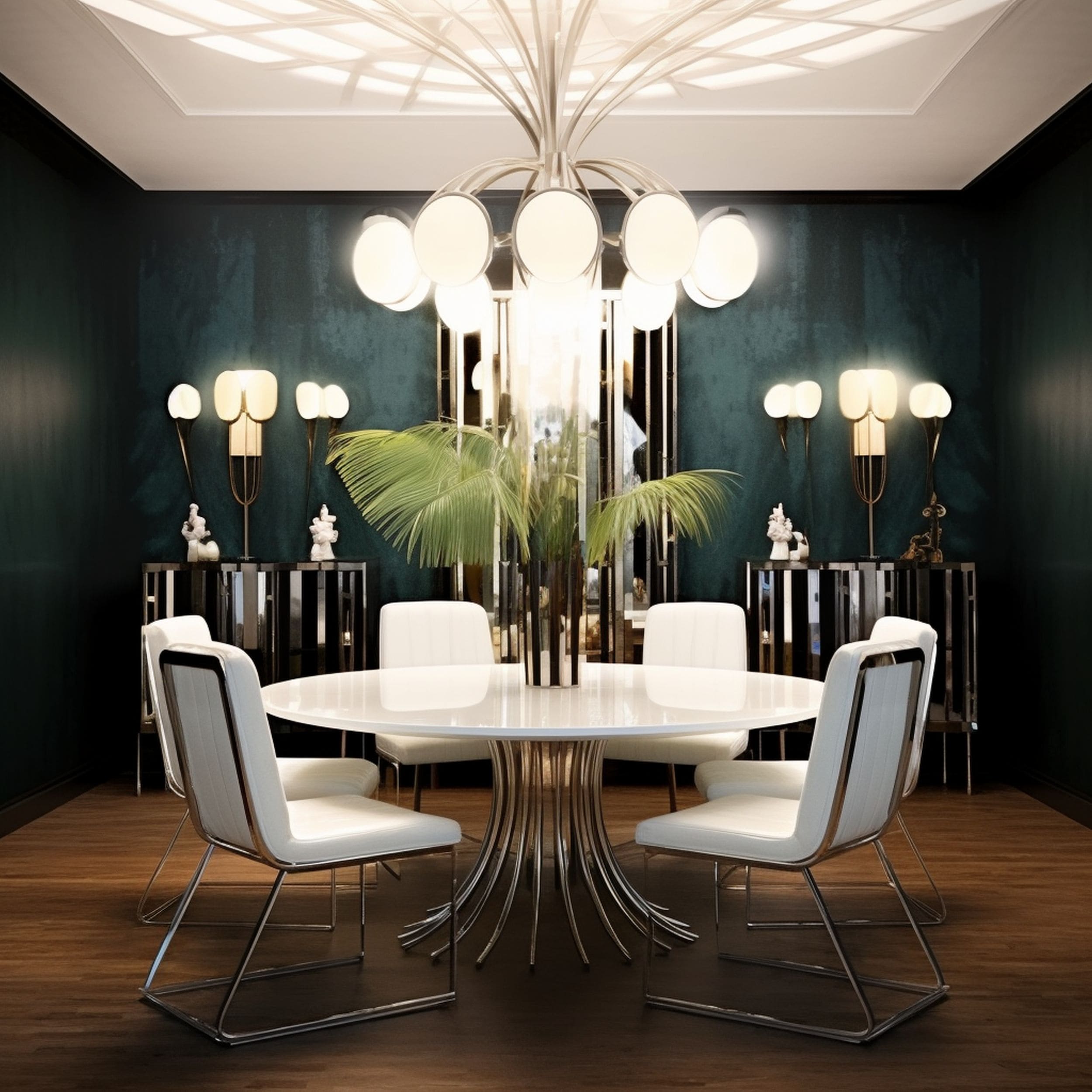Art Deco Style Dark Green and White Dining Room
