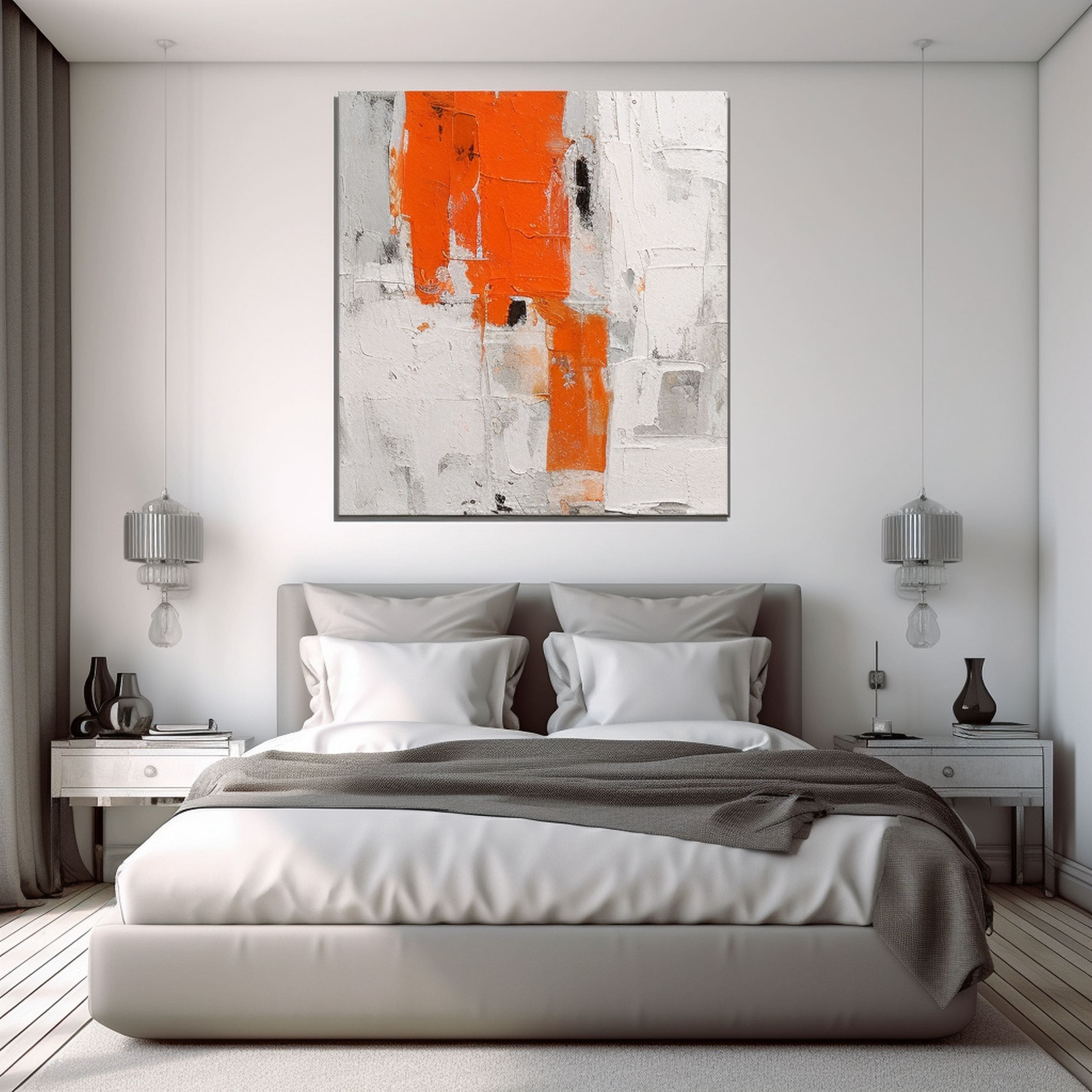 Gray Bedroom With Orange Wall Art