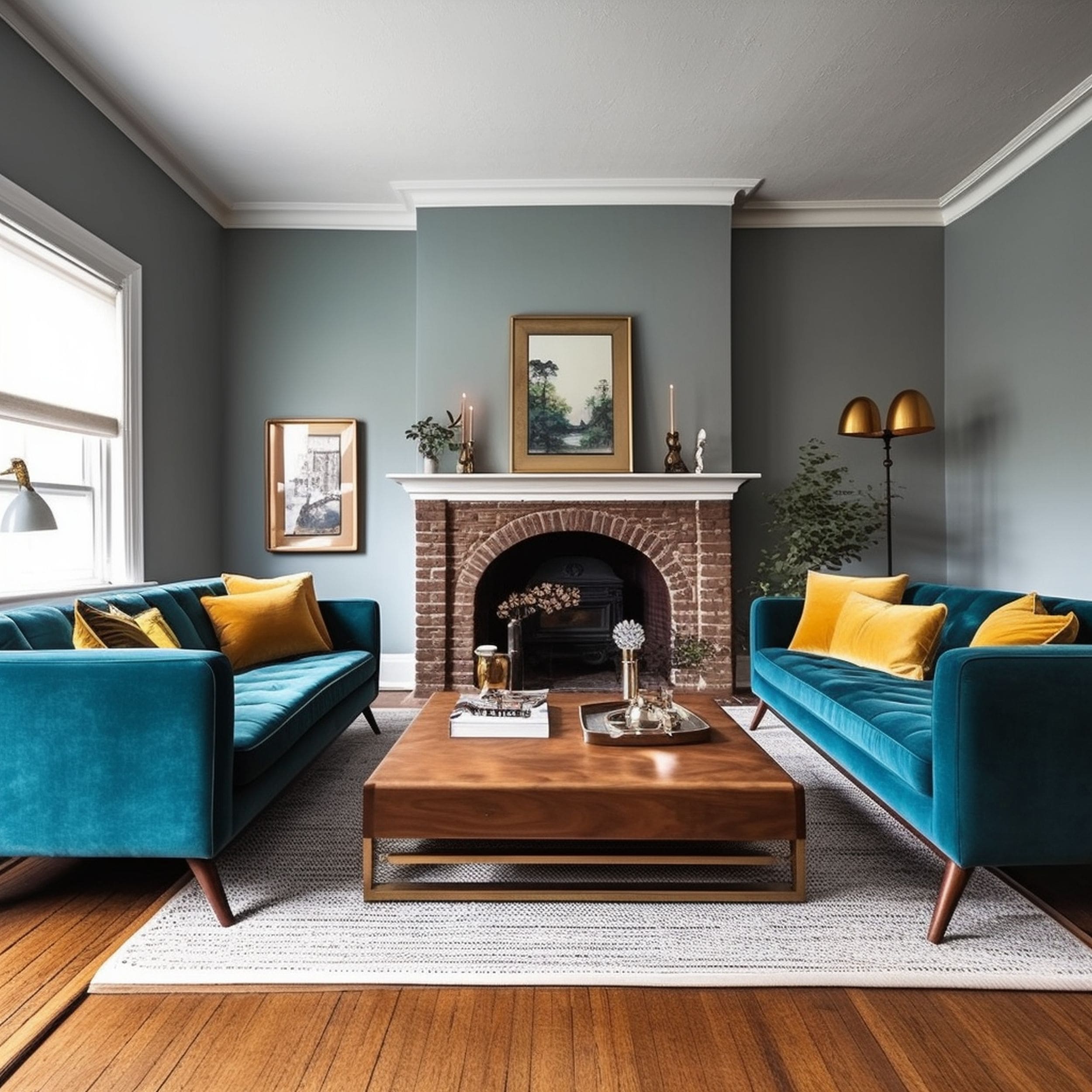Gray Living Room With Teal Couches