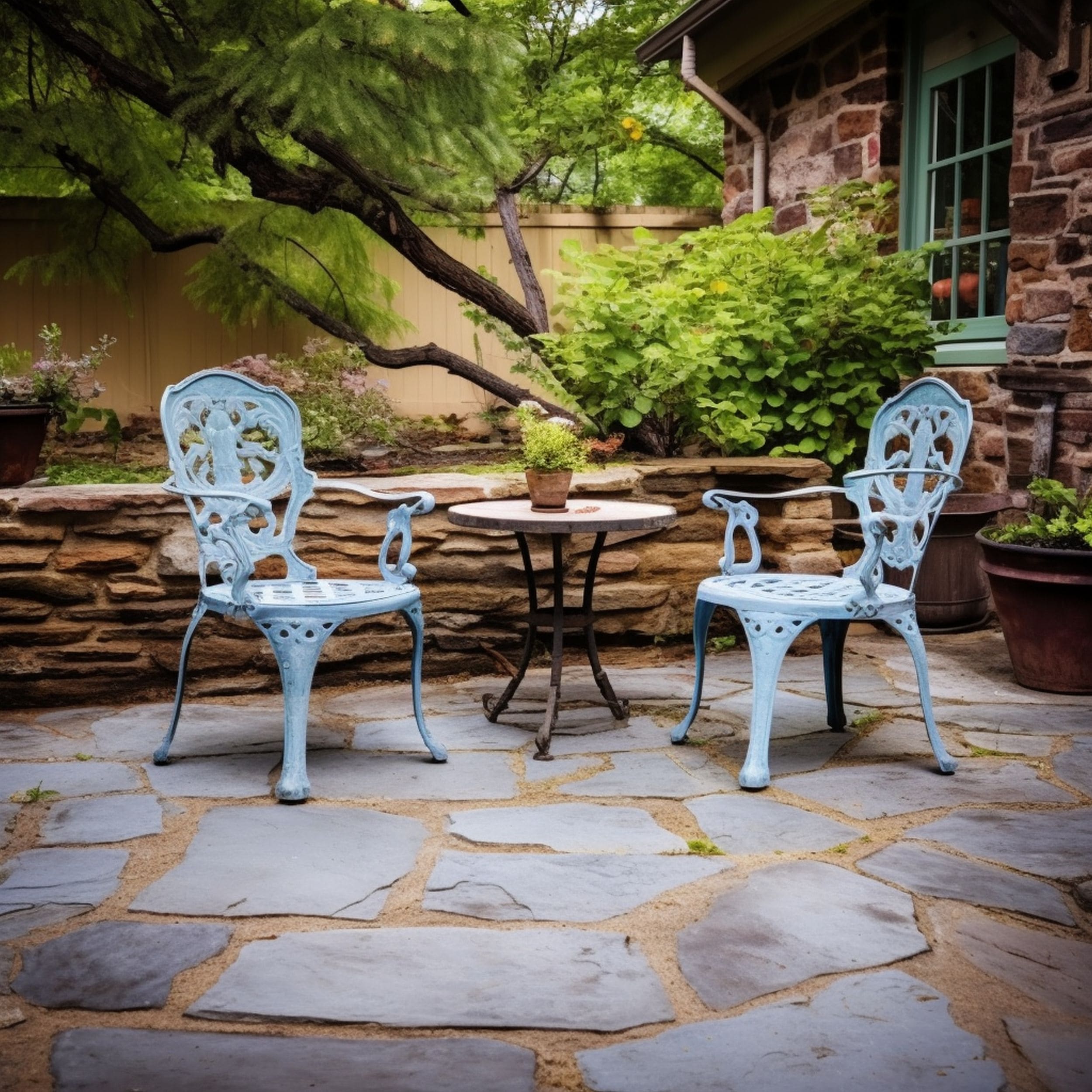 Flagstone Patio With Stone Wall