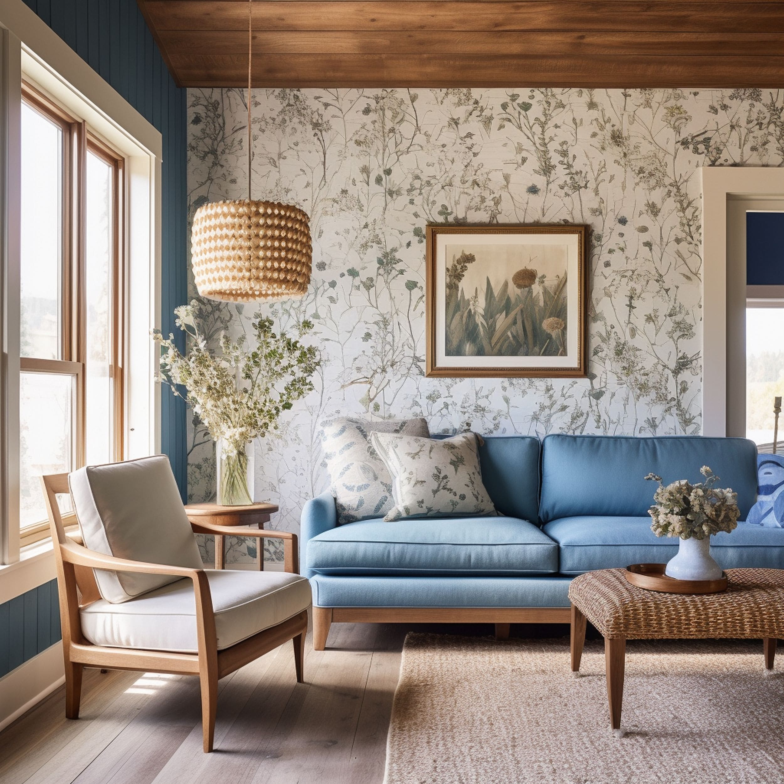 Floral Wallpaper in Rustic Living Room