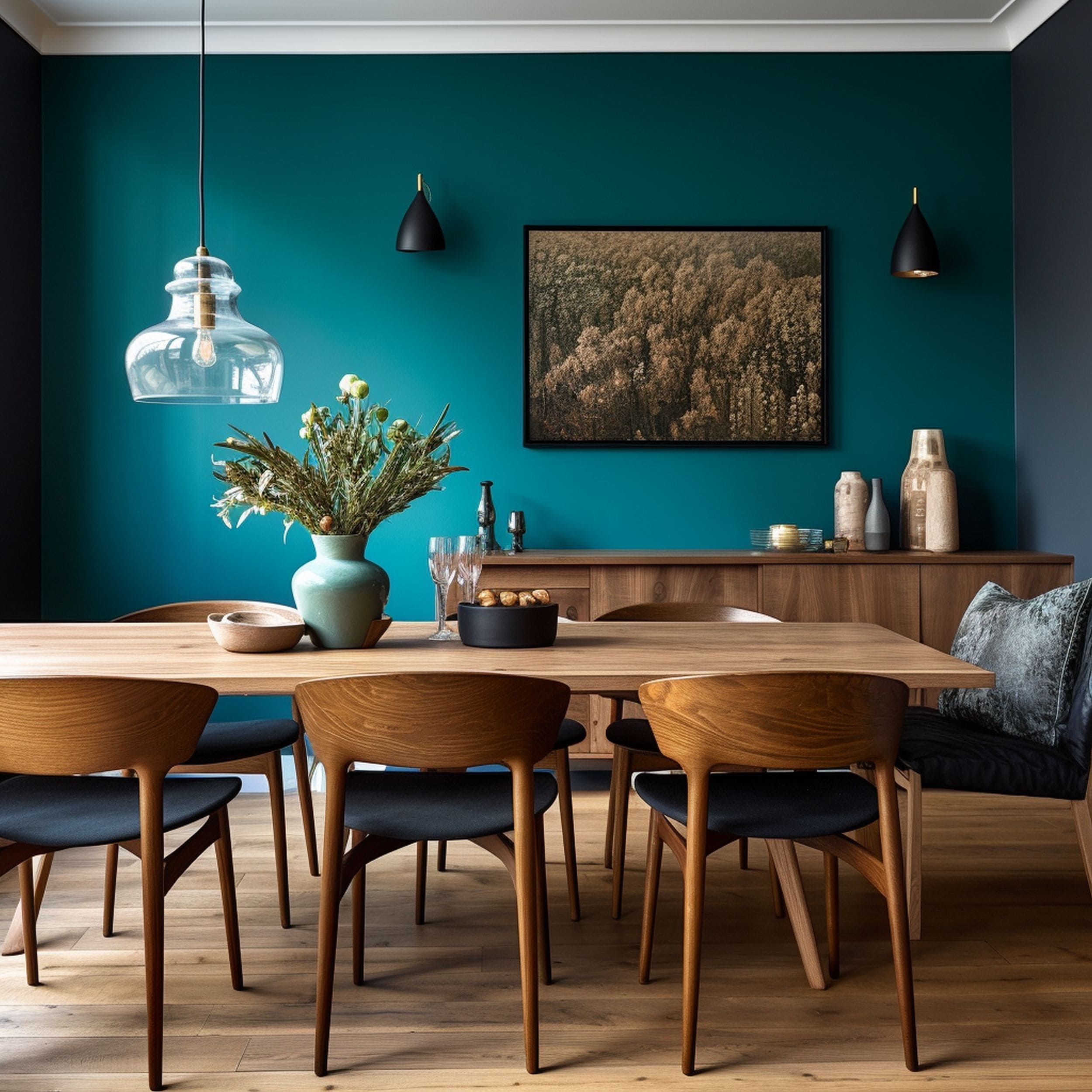 Teal Accent Wall in Modern Dining Room