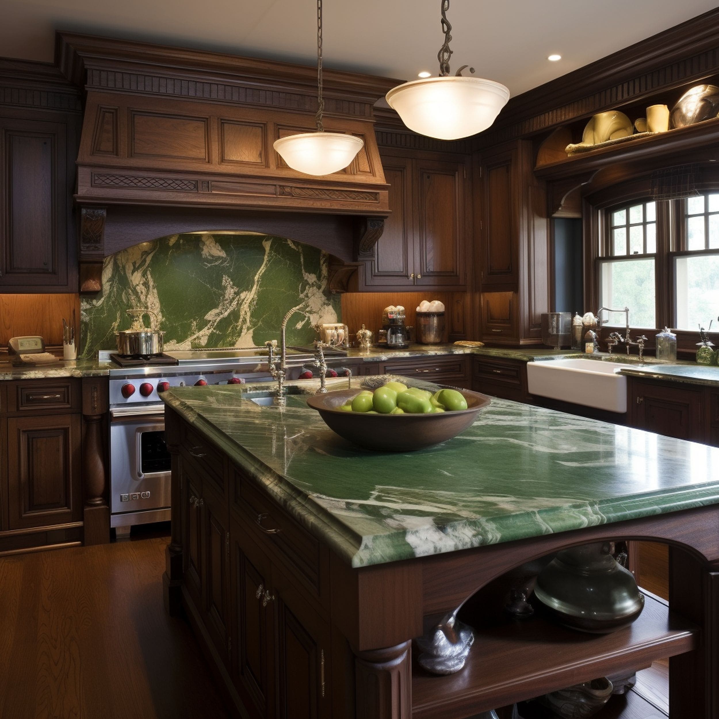 Traditional Kitchen With Brown Cabinets and Green Marble Countertops