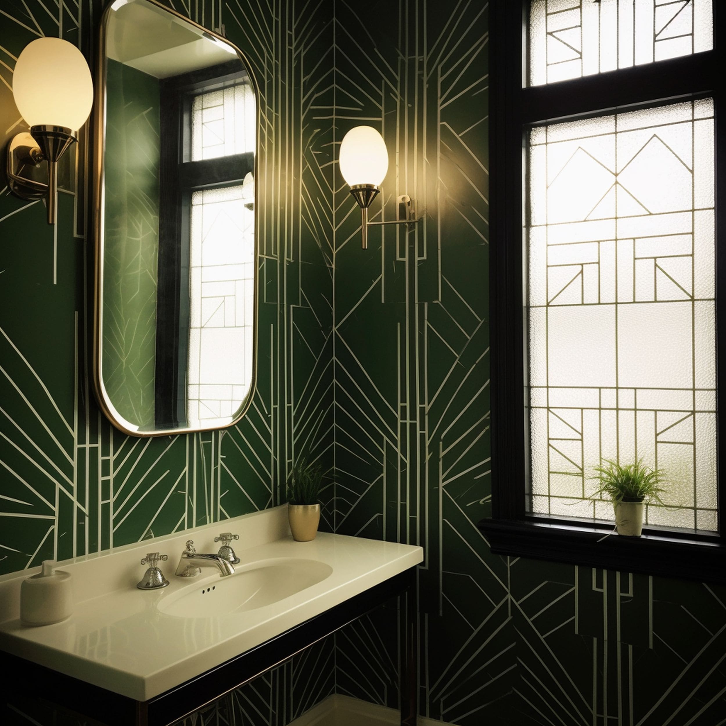 Art Deco Style Green Wallpaper in Bathroom