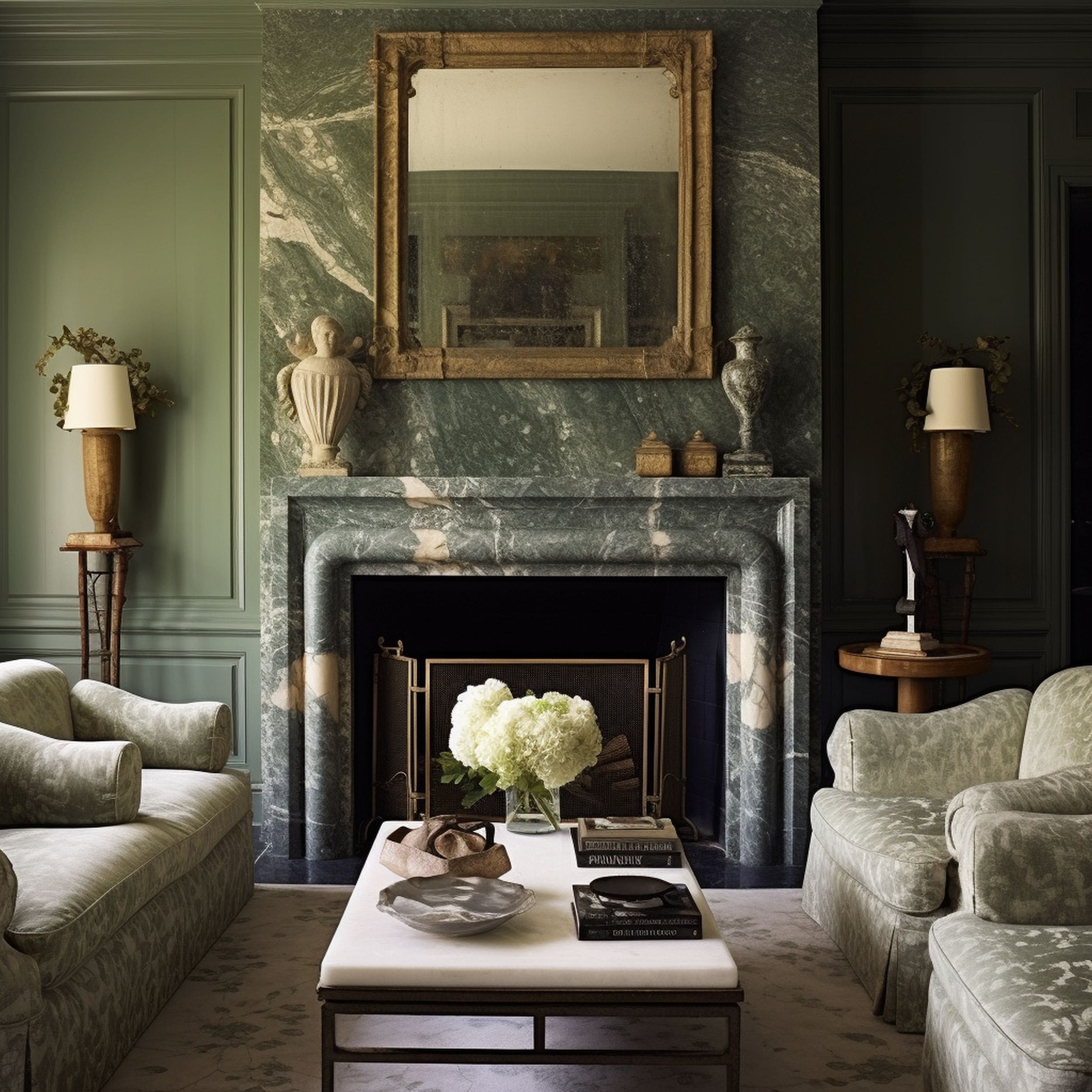 Green Marble Fireplace in Living Room