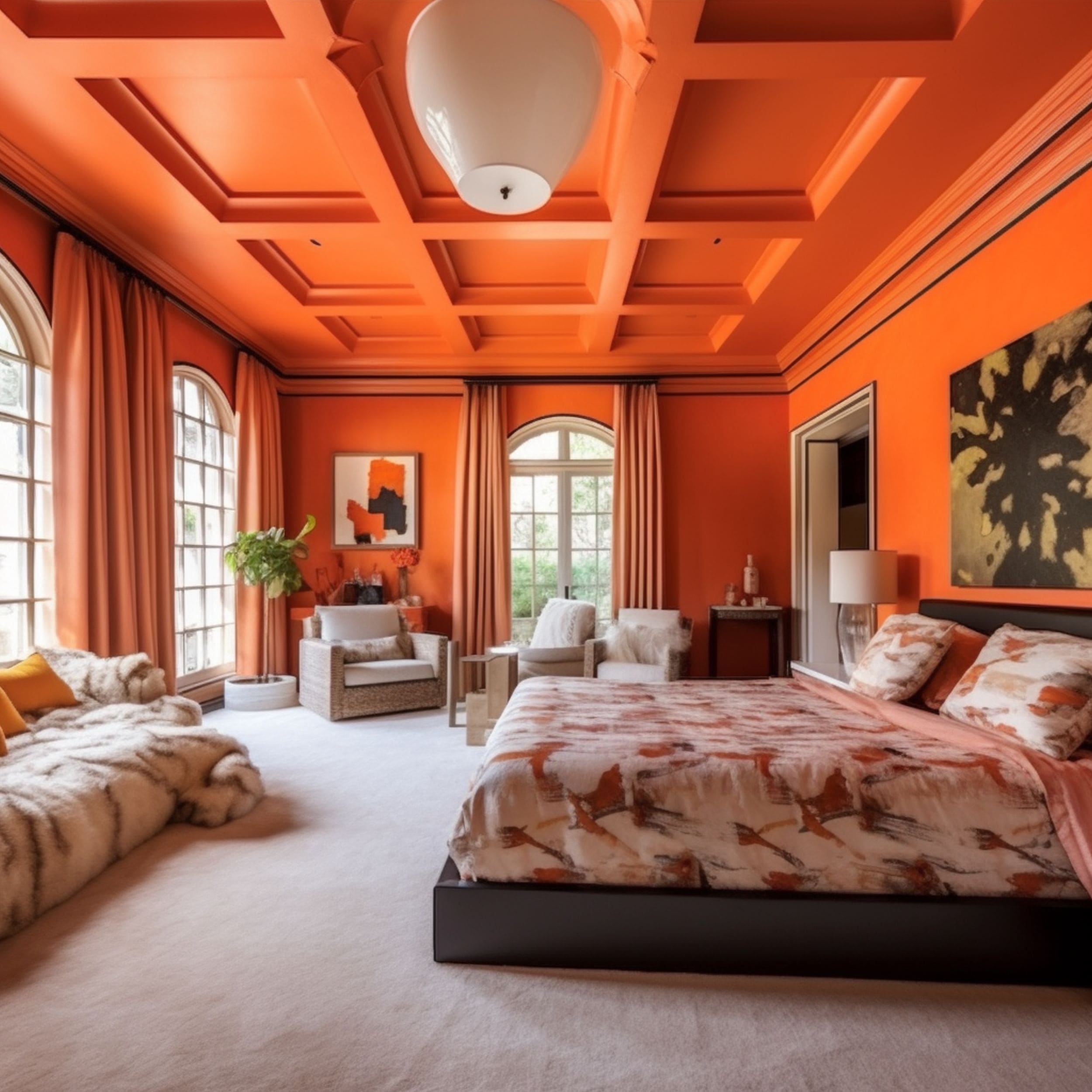 Orange Bedroom With Painted Ceilings