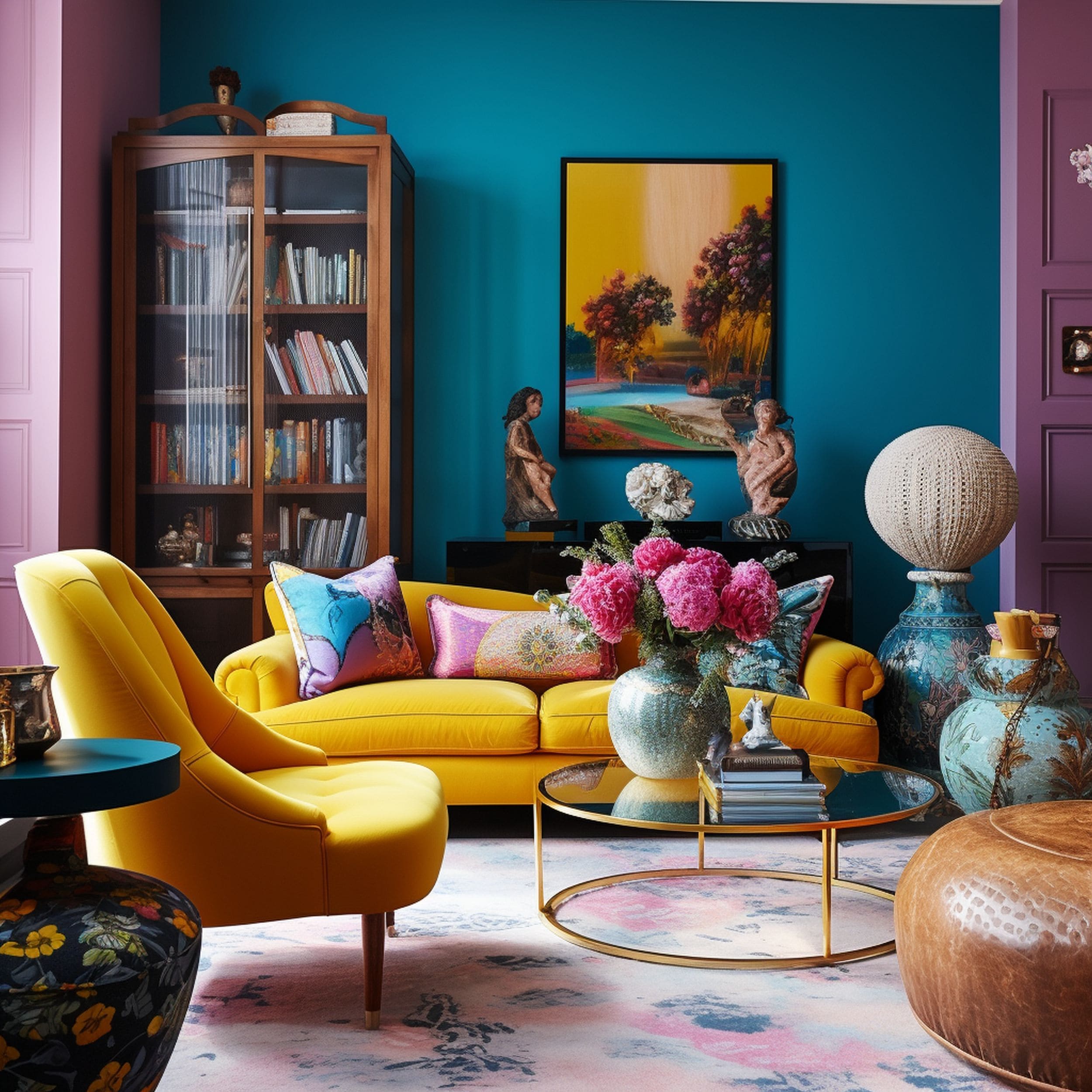 Teal Yellow and Mauve Eclectic Living Room