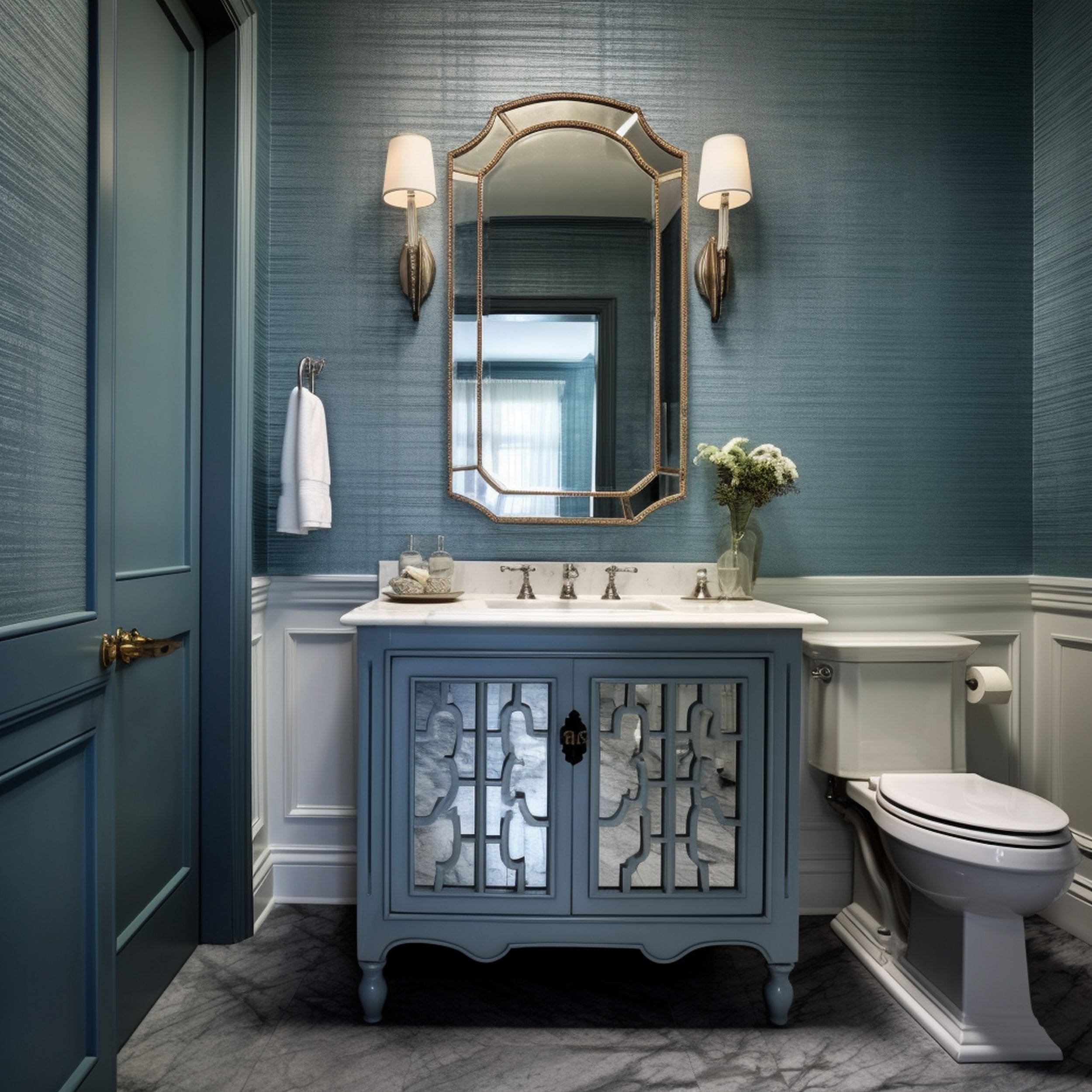 Blue Textured Wallpaper in Bathroom
