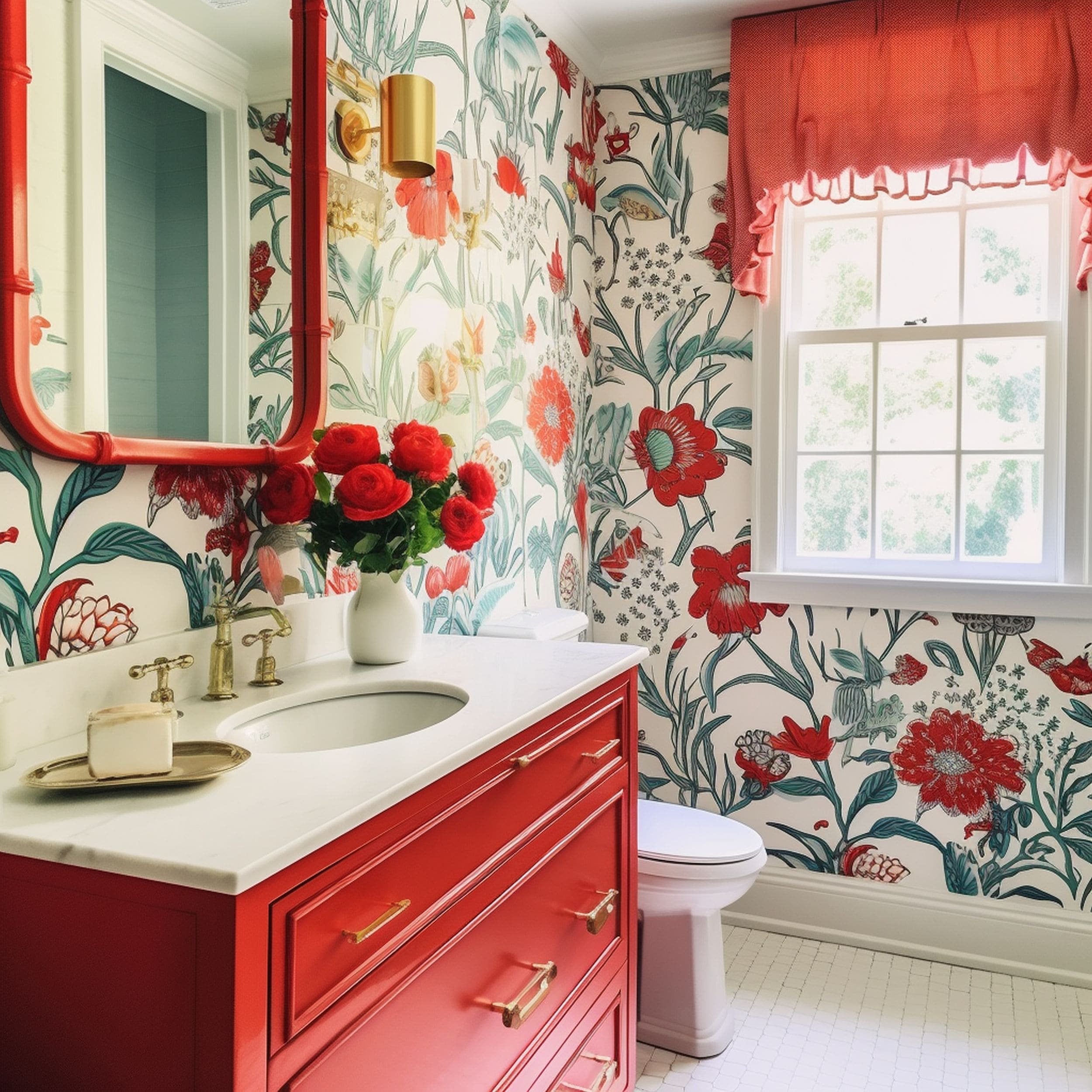 Colorful Bathroom With Coquelicot Red Vanity