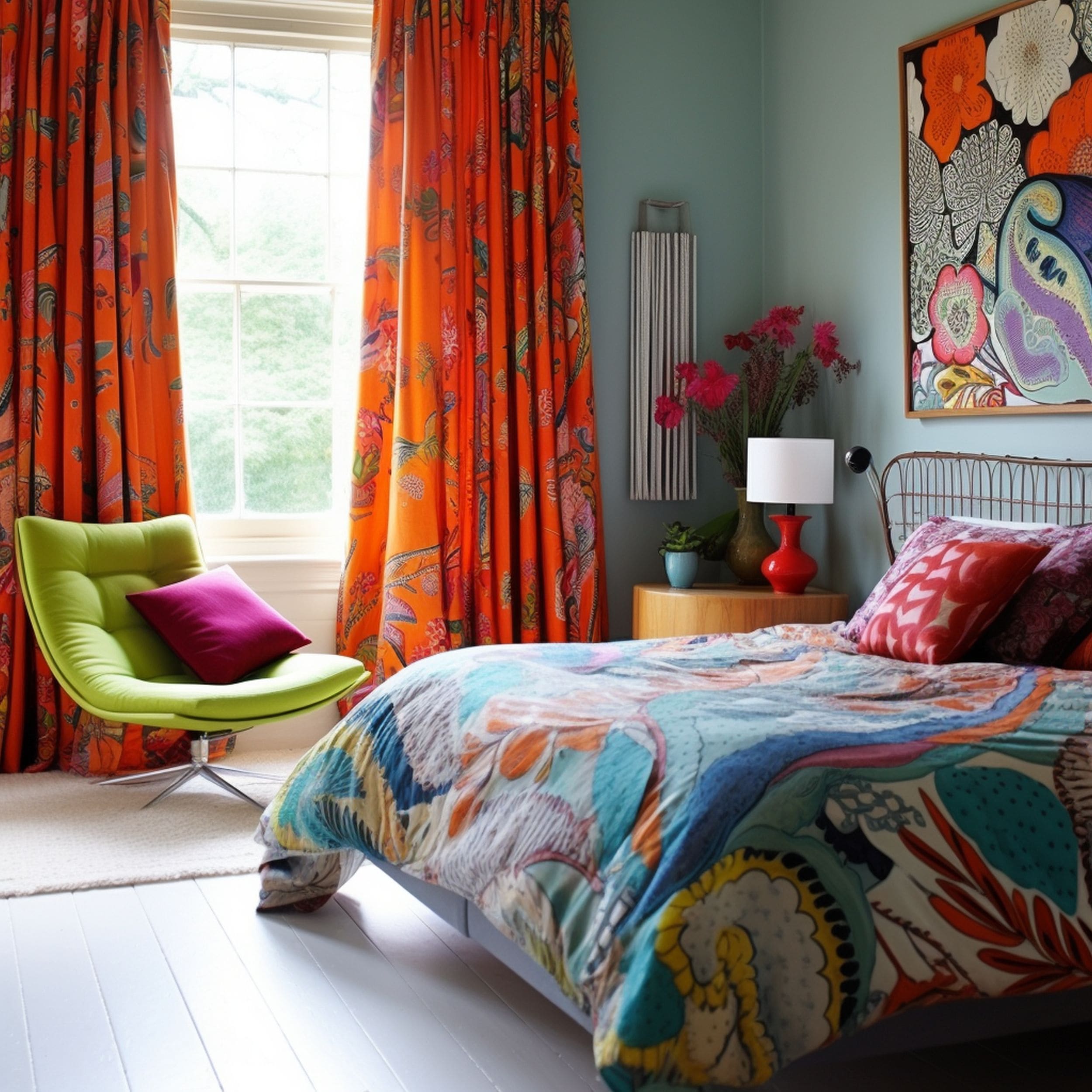 Colorful Bedroom With Patterned Orange Curtains