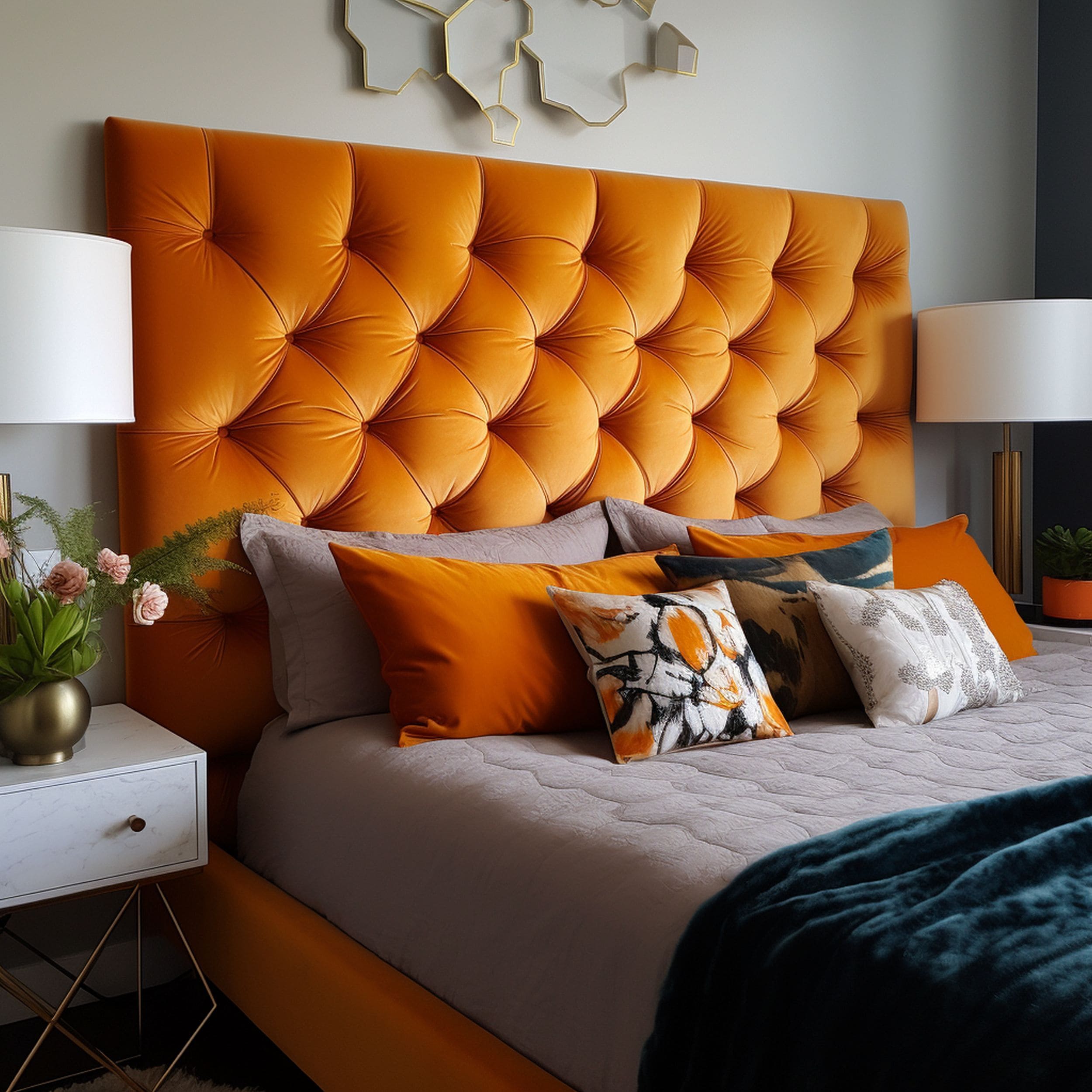 Gray Bedroom With Orange Headboard