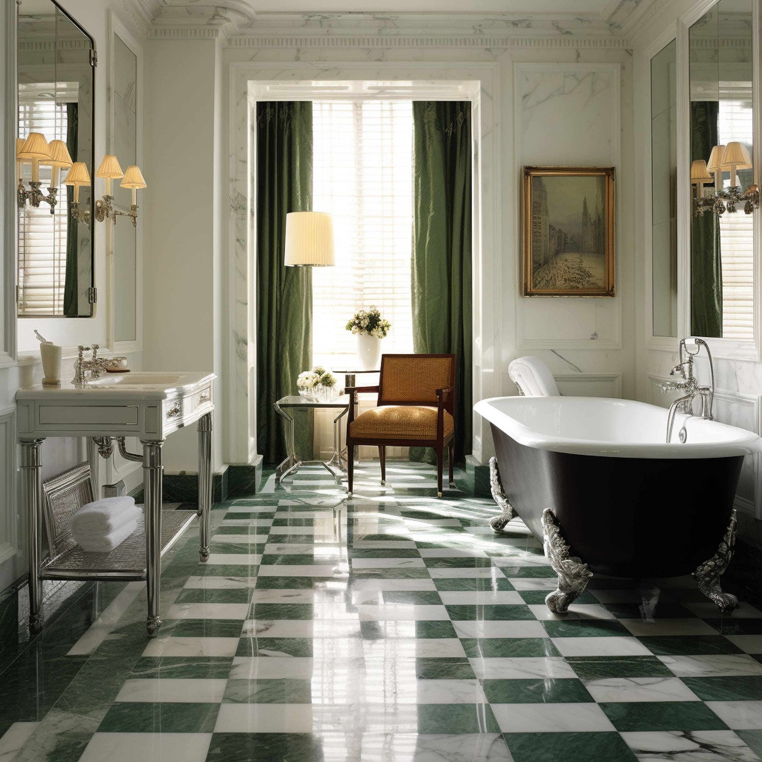 Green Marble Tile Flooring in White Bathroom