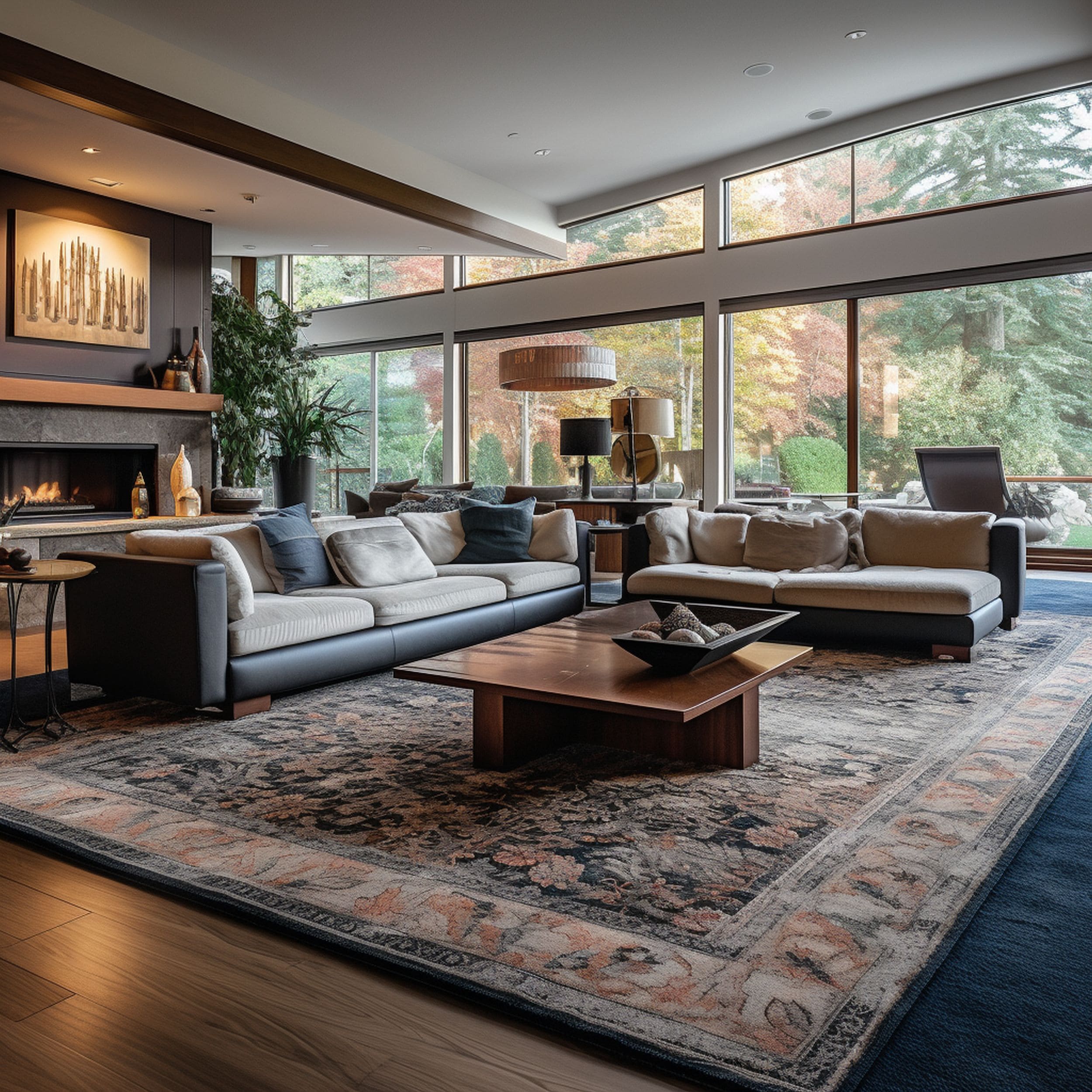 Layered Area Rugs in Large Living Room