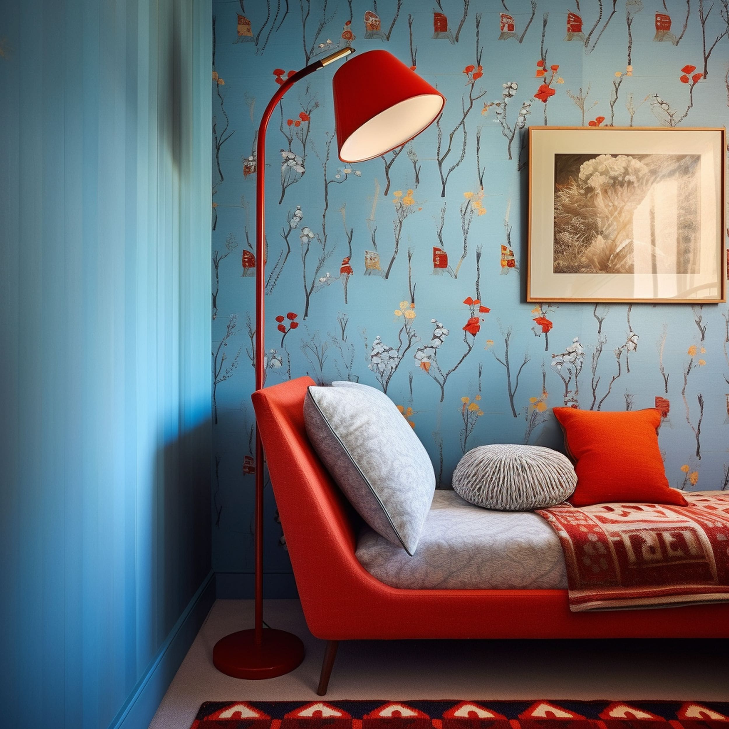Blue Reading Nook With Coquelicot Red Accents