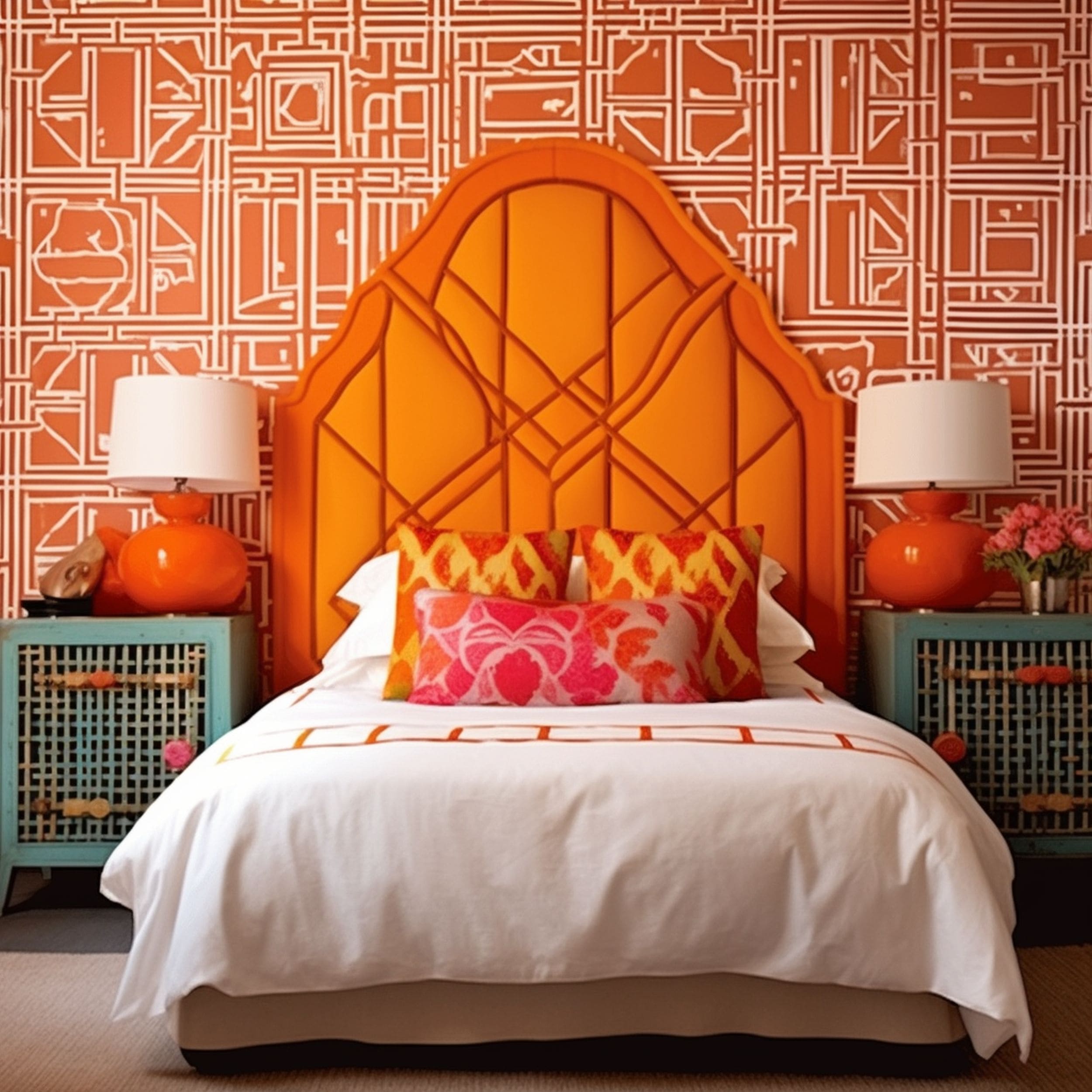 Eclectic Bedroom With Orange Geometric Patterns