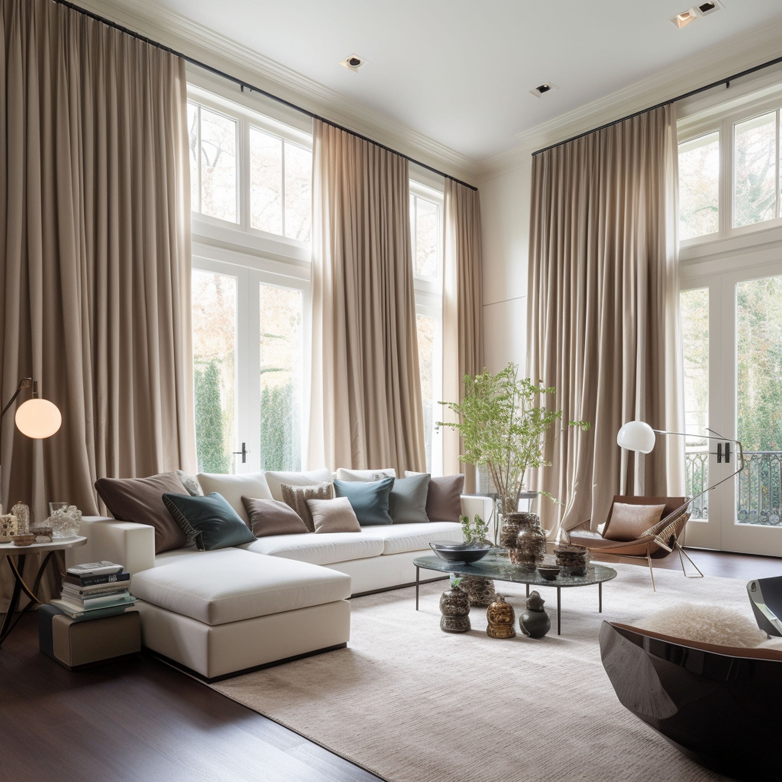 Large Living Room With Long Floor Reaching Curtains