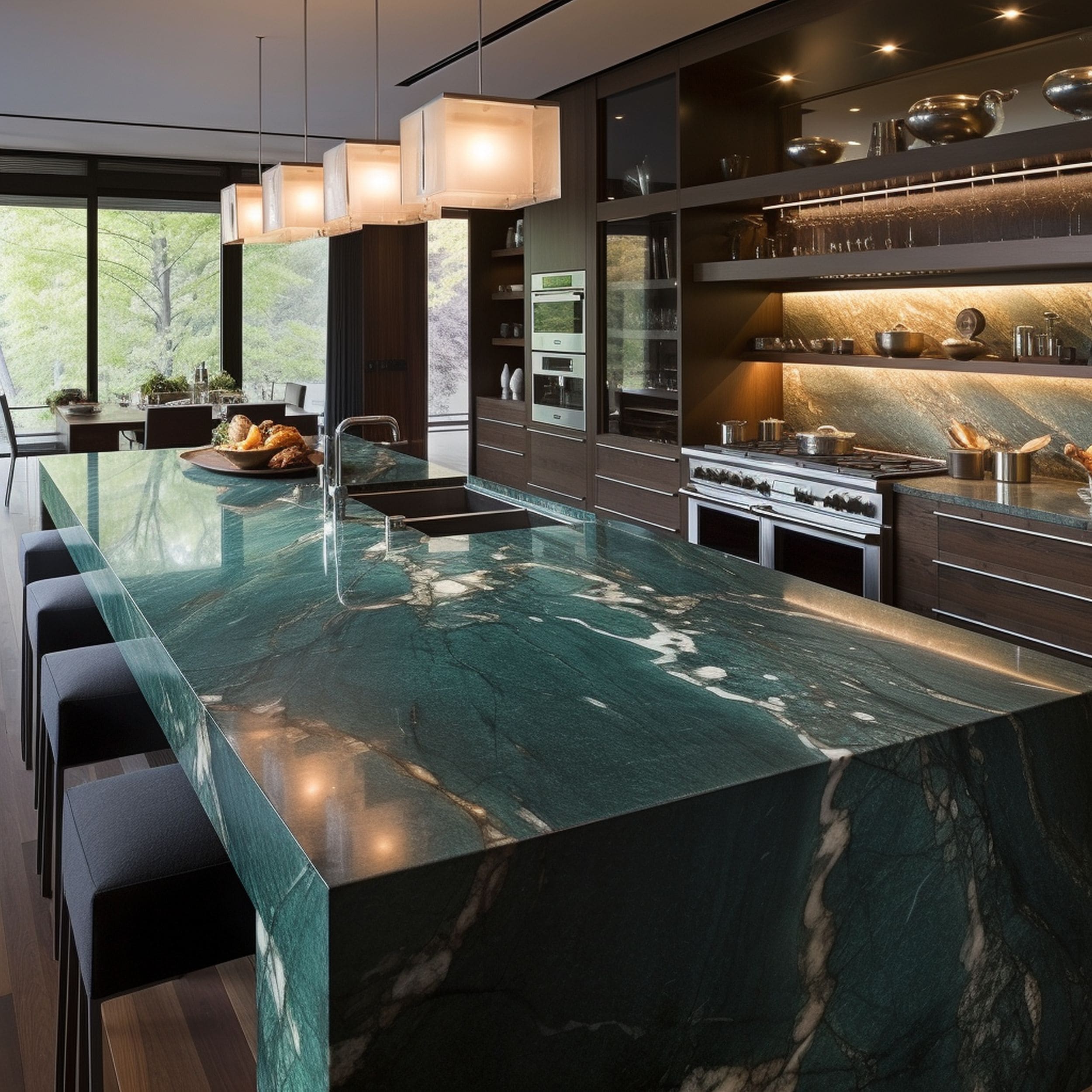 Modern Brown Kitchen With Green Marble Waterfall Countertop