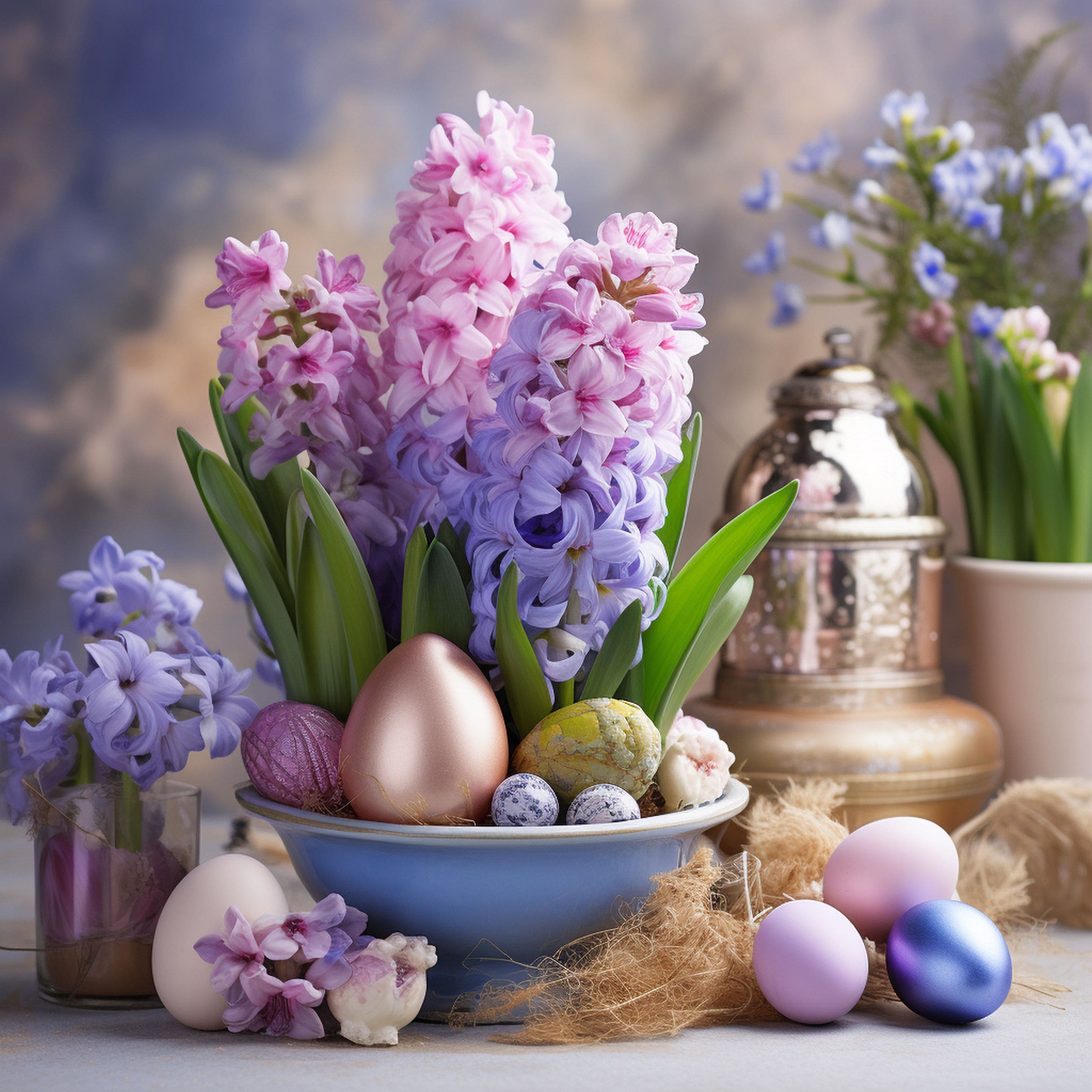 Hyacinth Flowers Surrounded by Easter Decorations