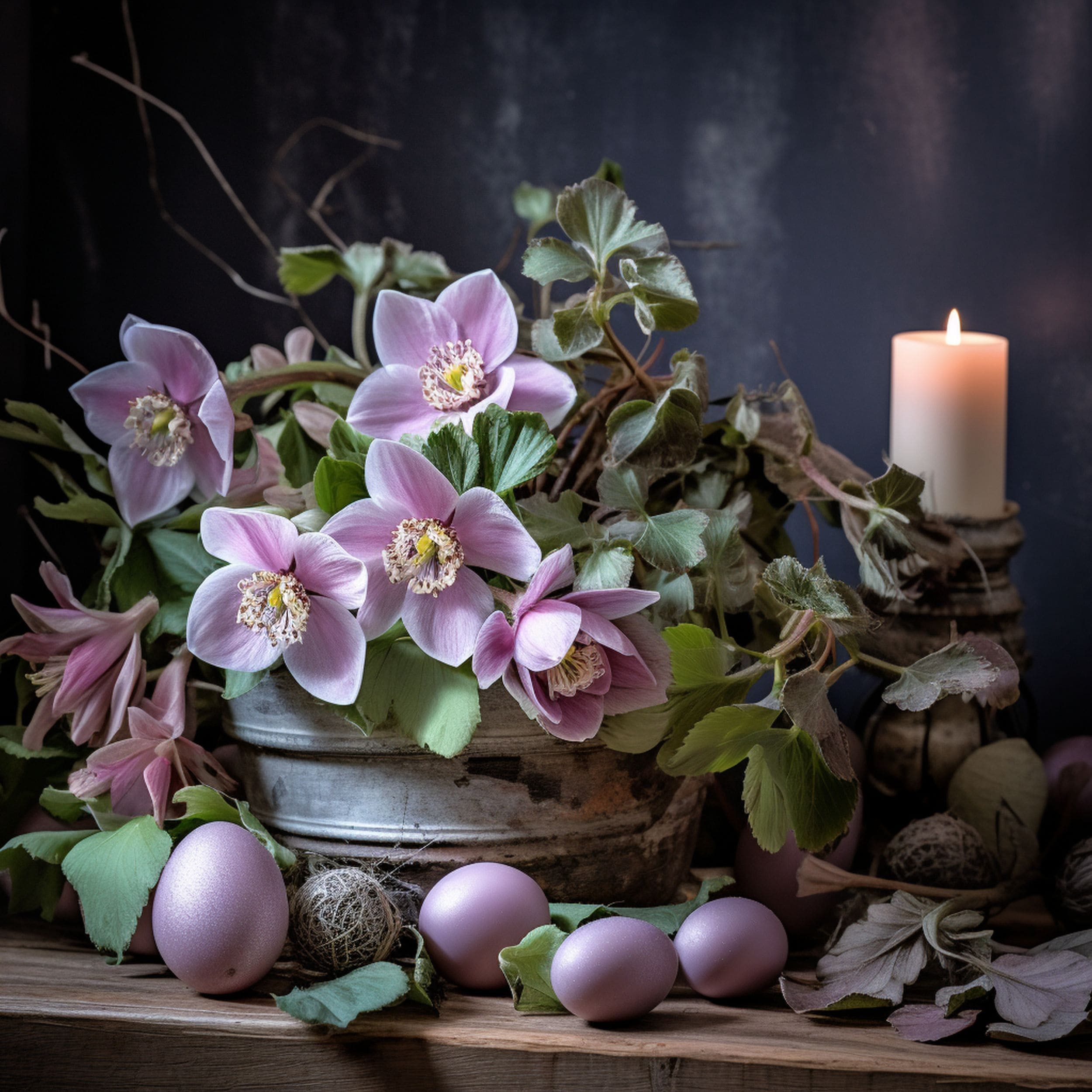 Hellebore Flowers Surrounded by Easter Decorations