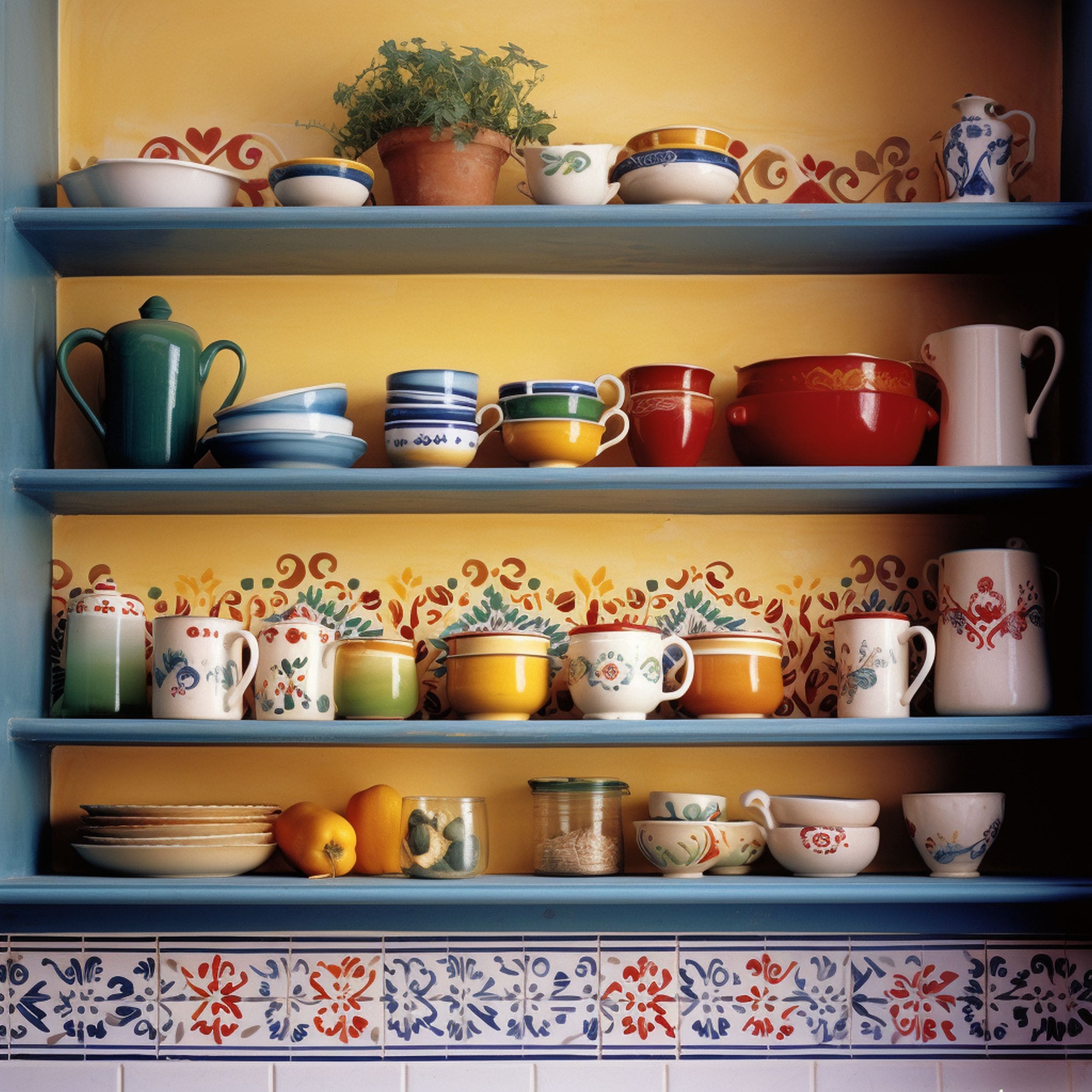 Blue Floating Shelves Against Decorative Painted Wall