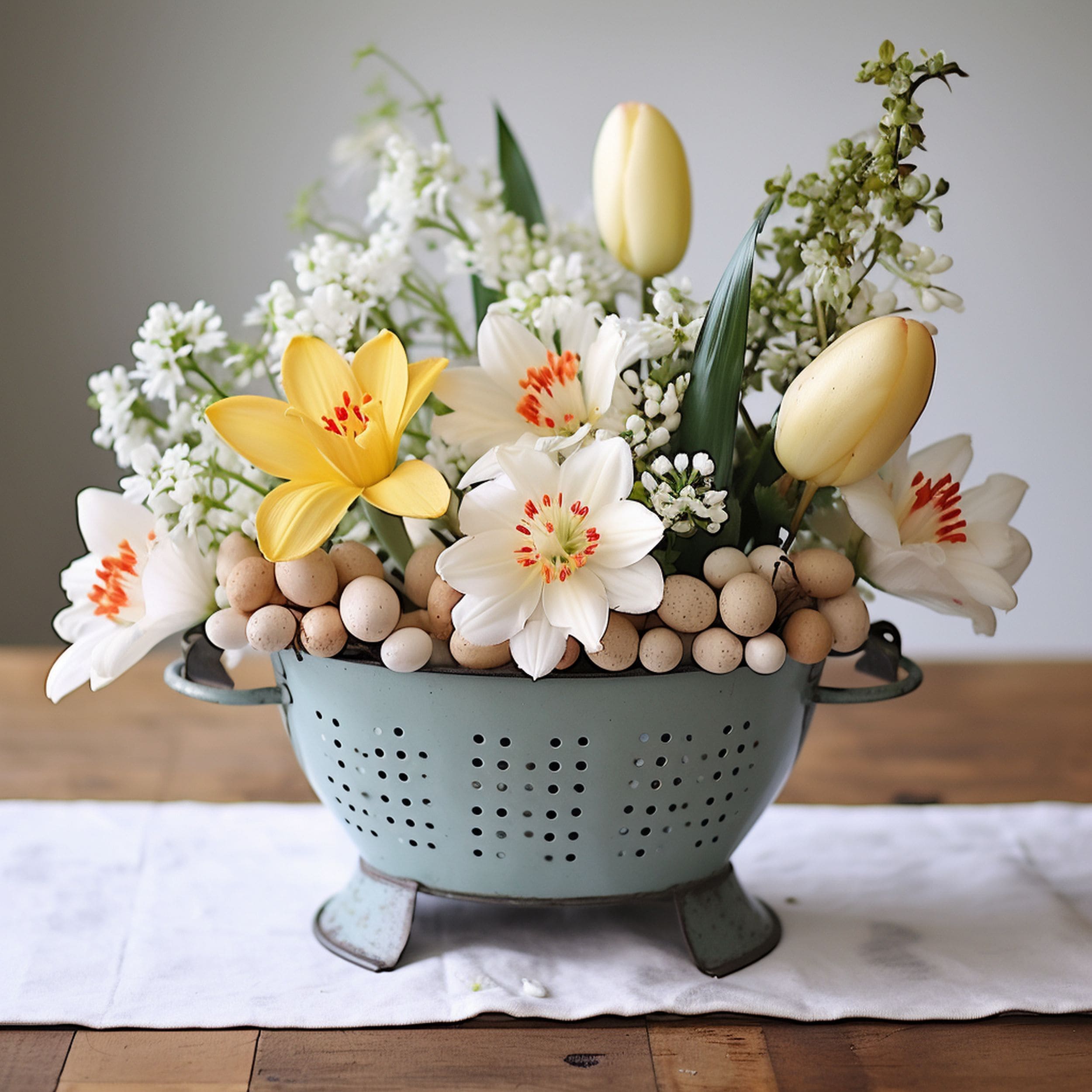 Enamelware Colander Easter Flower Arrangement