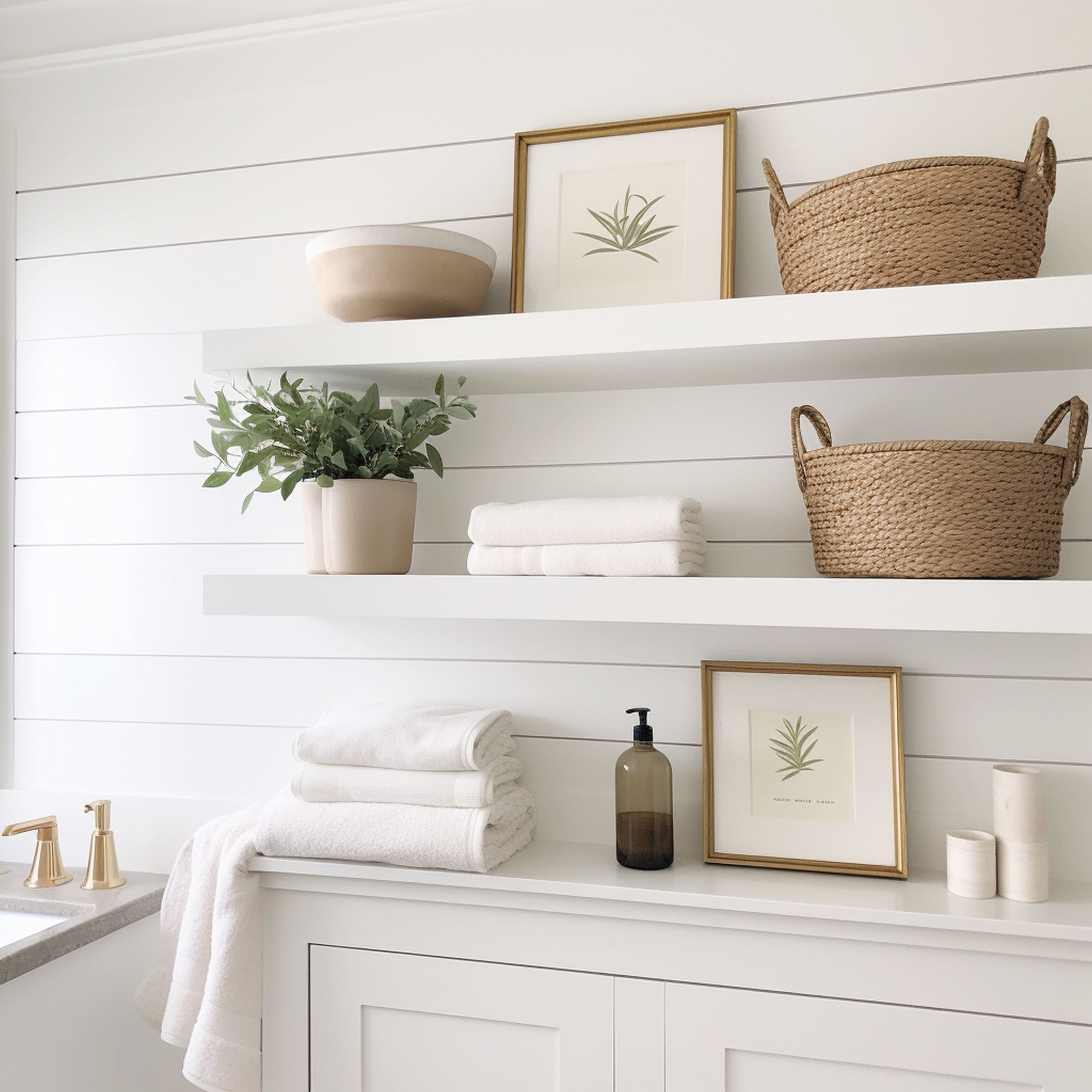 Rustic Floating Shelves in White Laundry Room