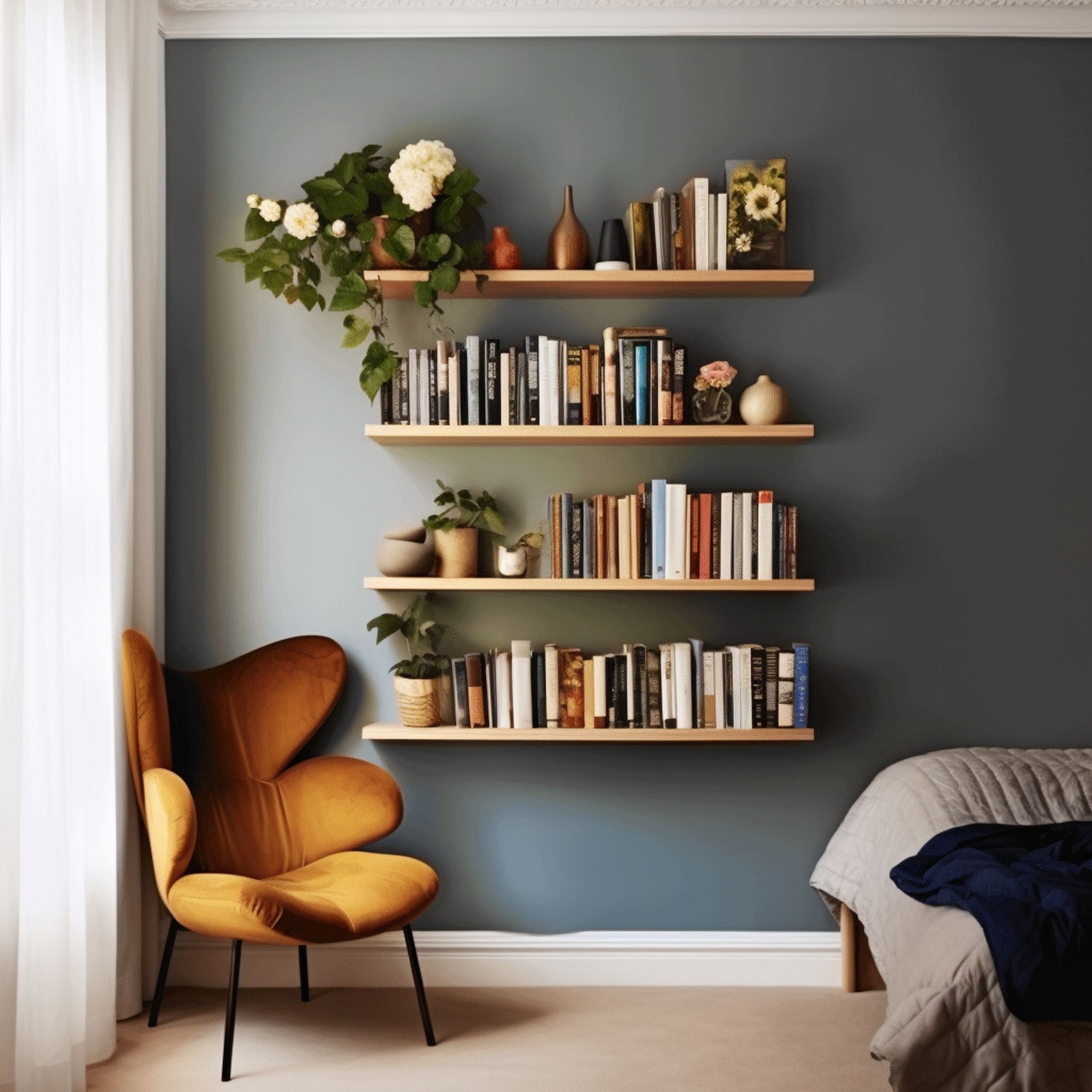 Floating Shelves Replacing Bookcase in Reading Nook