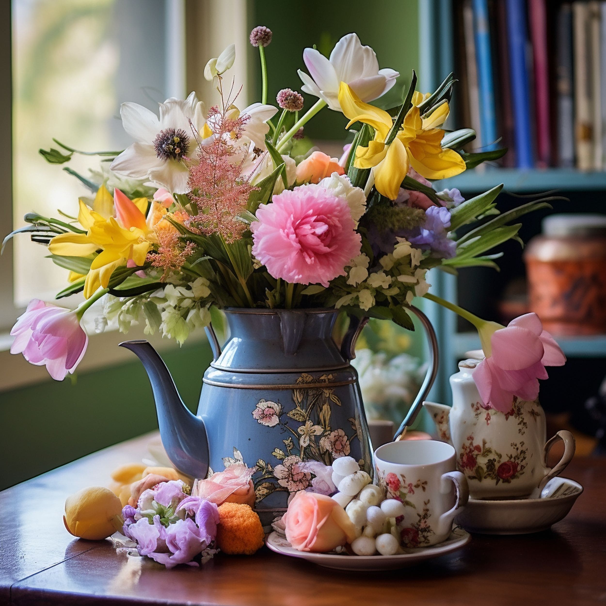 Vintage Tea Kettle Easter Flower Arrangement