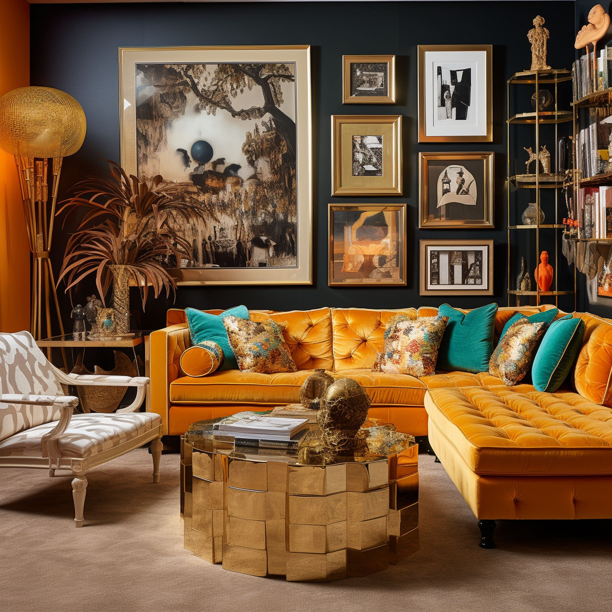 Living Room With Excessive Amounts of Gold Accents