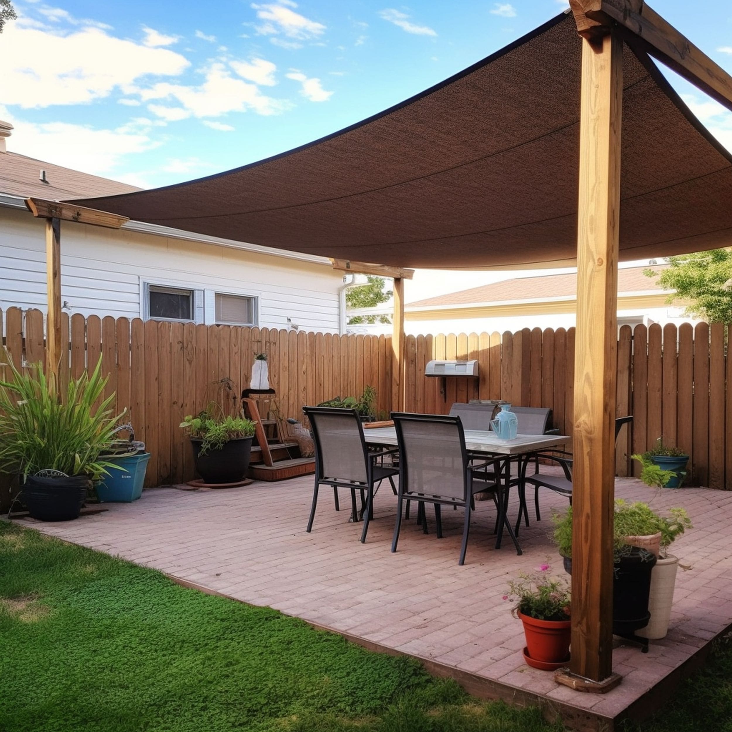 DIY Brown Patio Awning on Wood Posts